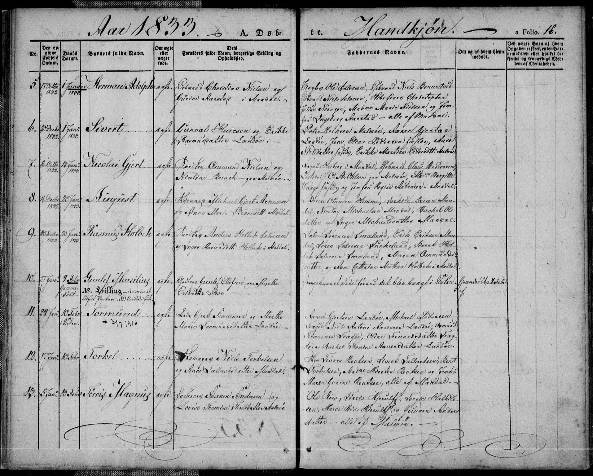 Mandal sokneprestkontor, SAK/1111-0030/F/Fa/Faa/L0011: Parish register (official) no. A 11, 1830-1839, p. 16