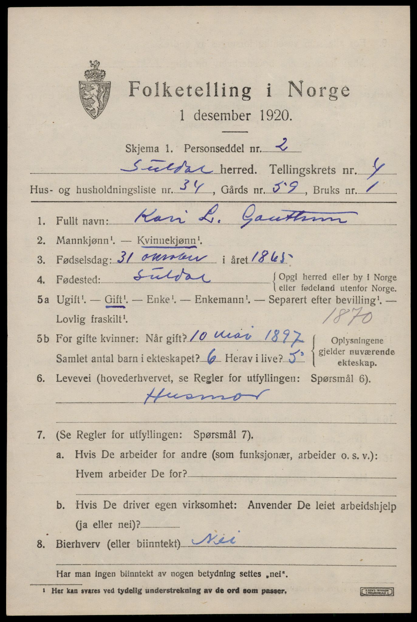 SAST, 1920 census for Suldal, 1920, p. 1330