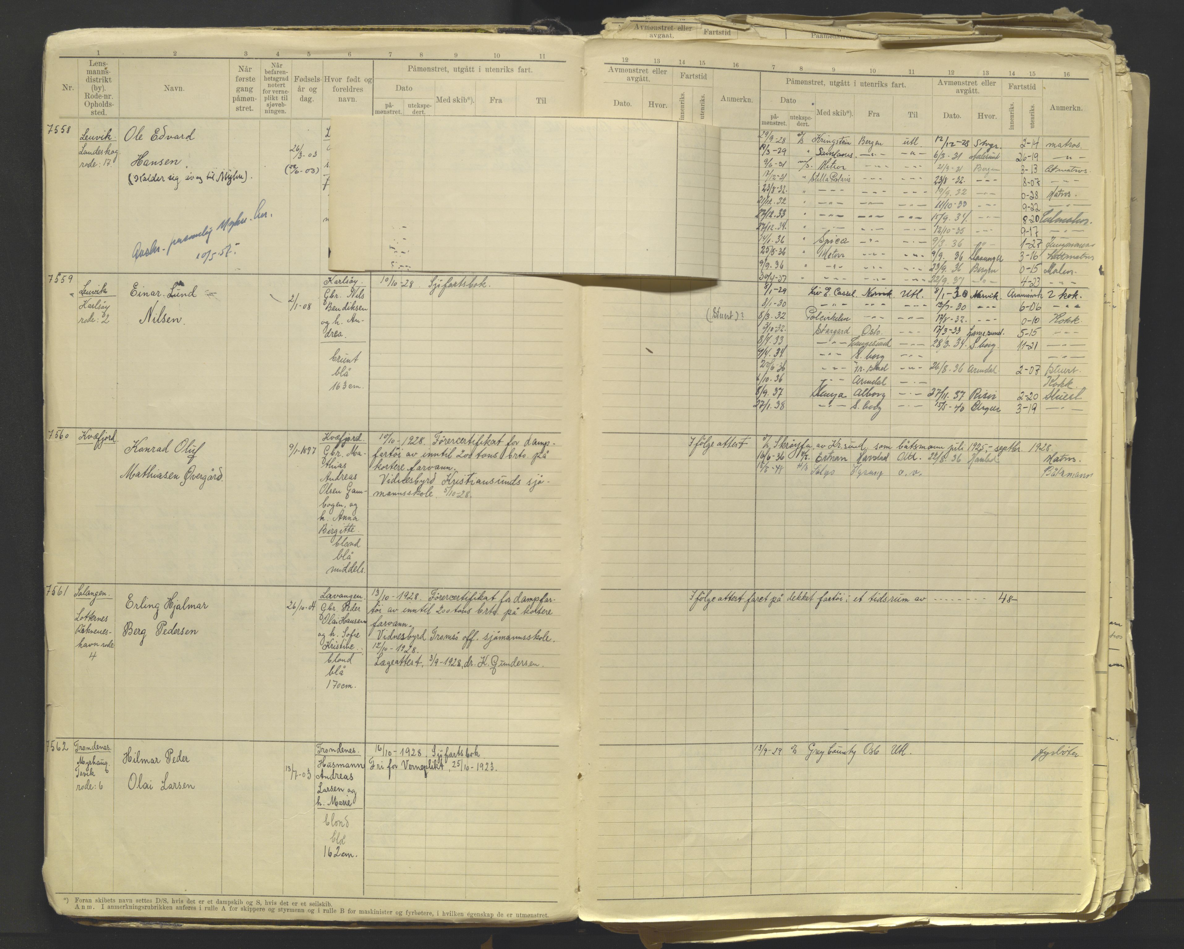 Tromsø sjømannskontor/innrullerings-/mønstringsdistrikt, AV/SATØ-S-0243/F/Fb/L0012: Annotasjonsrulle. Defekt: løse innbinding. Nr. 7518-10143, 1928-1944
