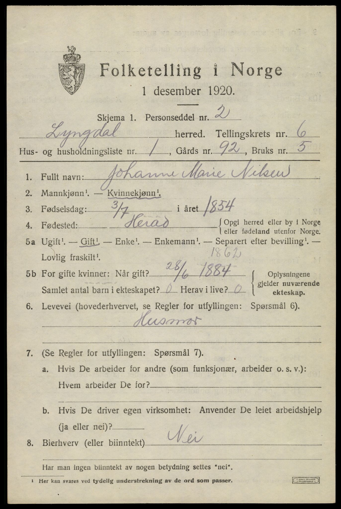 SAK, 1920 census for Lyngdal, 1920, p. 3457