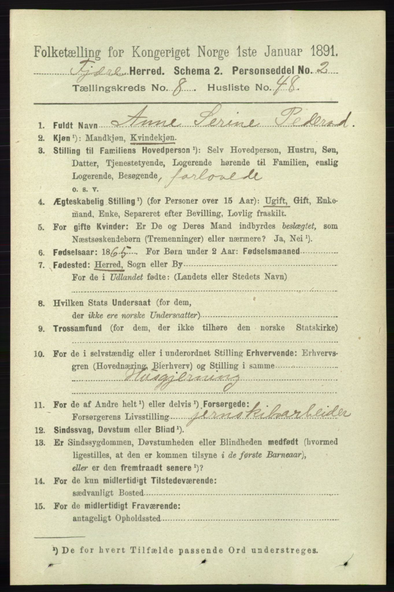 RA, 1891 census for 0923 Fjære, 1891, p. 4037