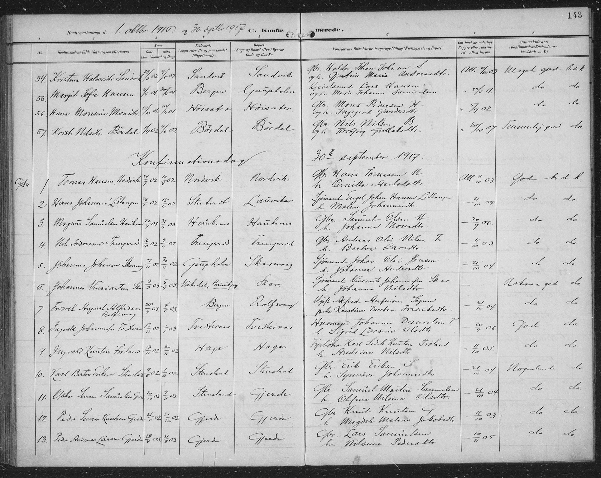 Samnanger Sokneprestembete, SAB/A-77501/H/Haa: Parish register (official) no. A 2, 1902-1918, p. 143