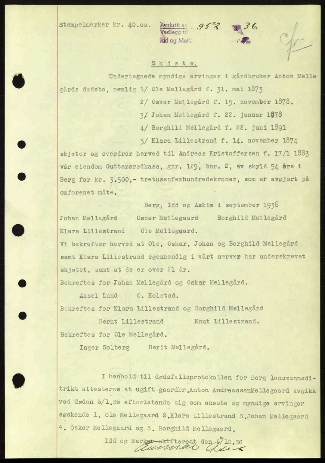 Idd og Marker sorenskriveri, AV/SAO-A-10283/G/Gb/Gbb/L0001: Mortgage book no. A1, 1936-1937, Diary no: : 952/1936