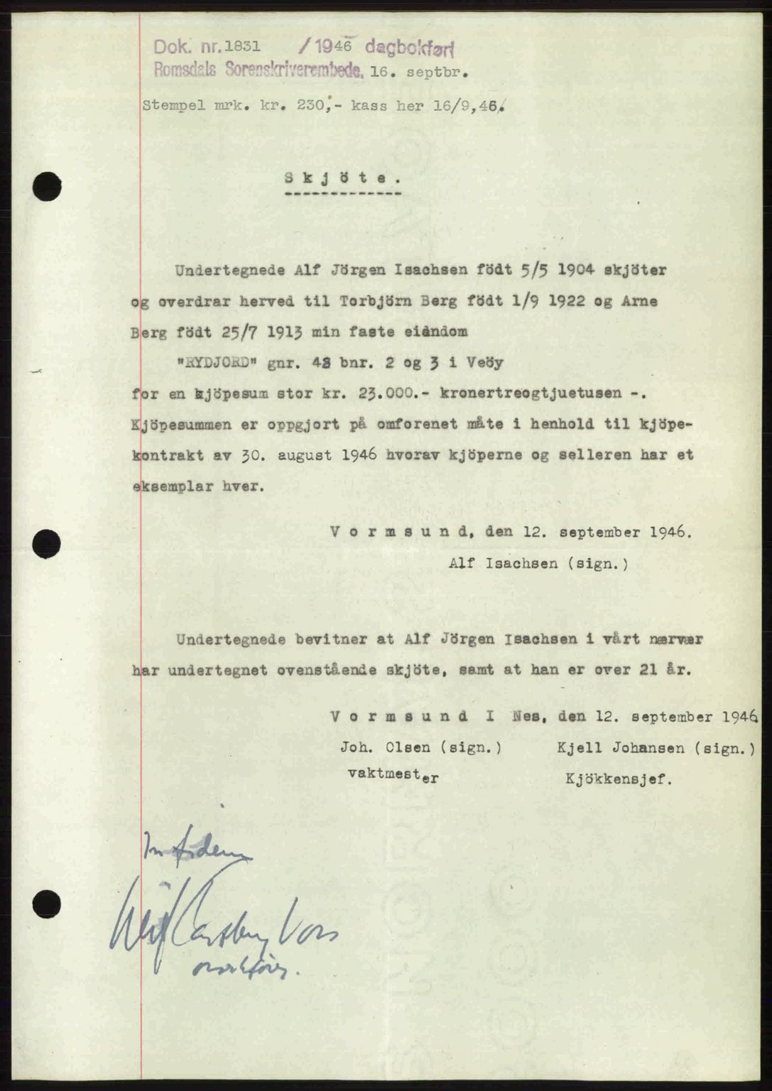 Romsdal sorenskriveri, AV/SAT-A-4149/1/2/2C: Mortgage book no. A20, 1946-1946, Diary no: : 1831/1946