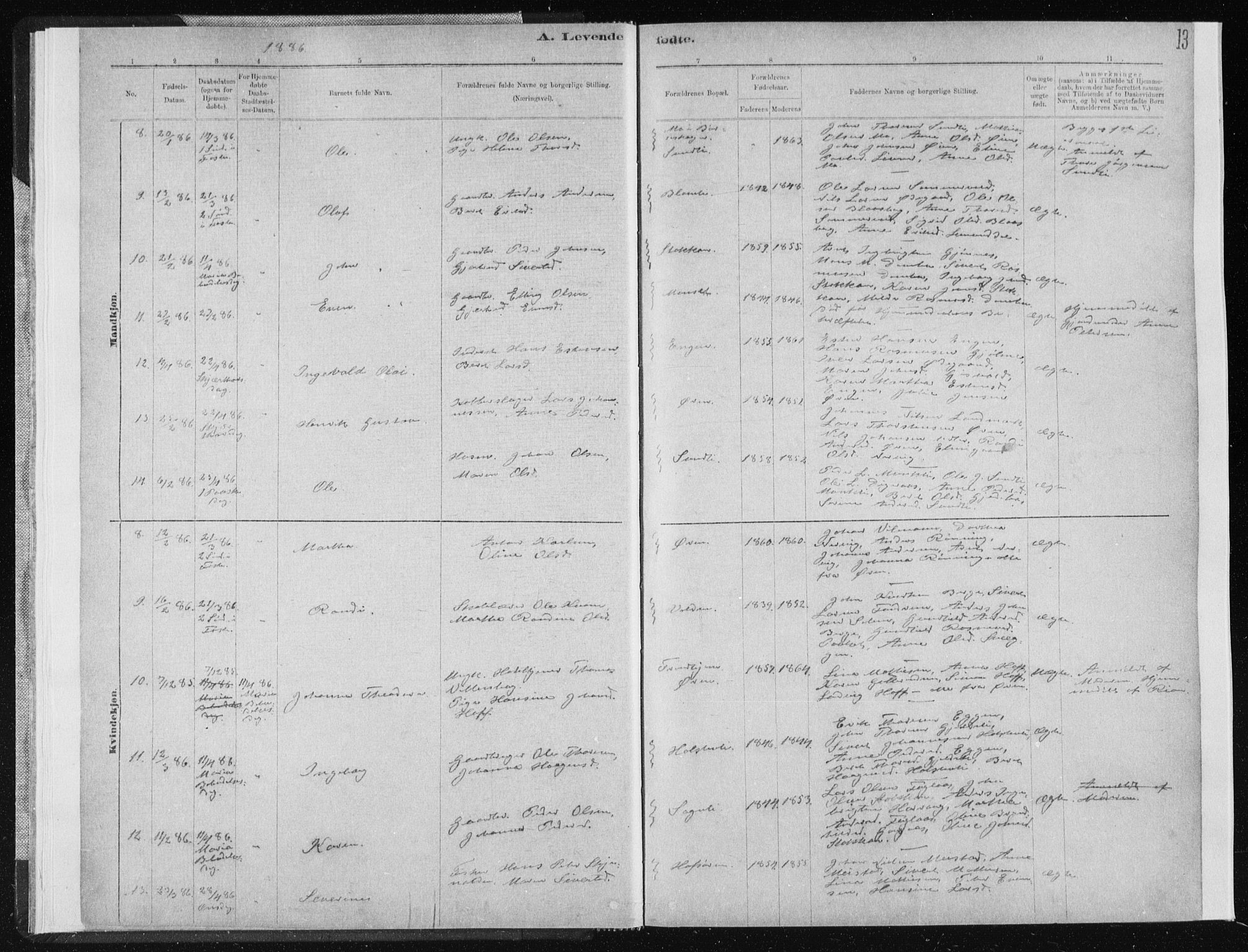 Ministerialprotokoller, klokkerbøker og fødselsregistre - Sør-Trøndelag, SAT/A-1456/668/L0818: Parish register (copy) no. 668C07, 1885-1898, p. 13
