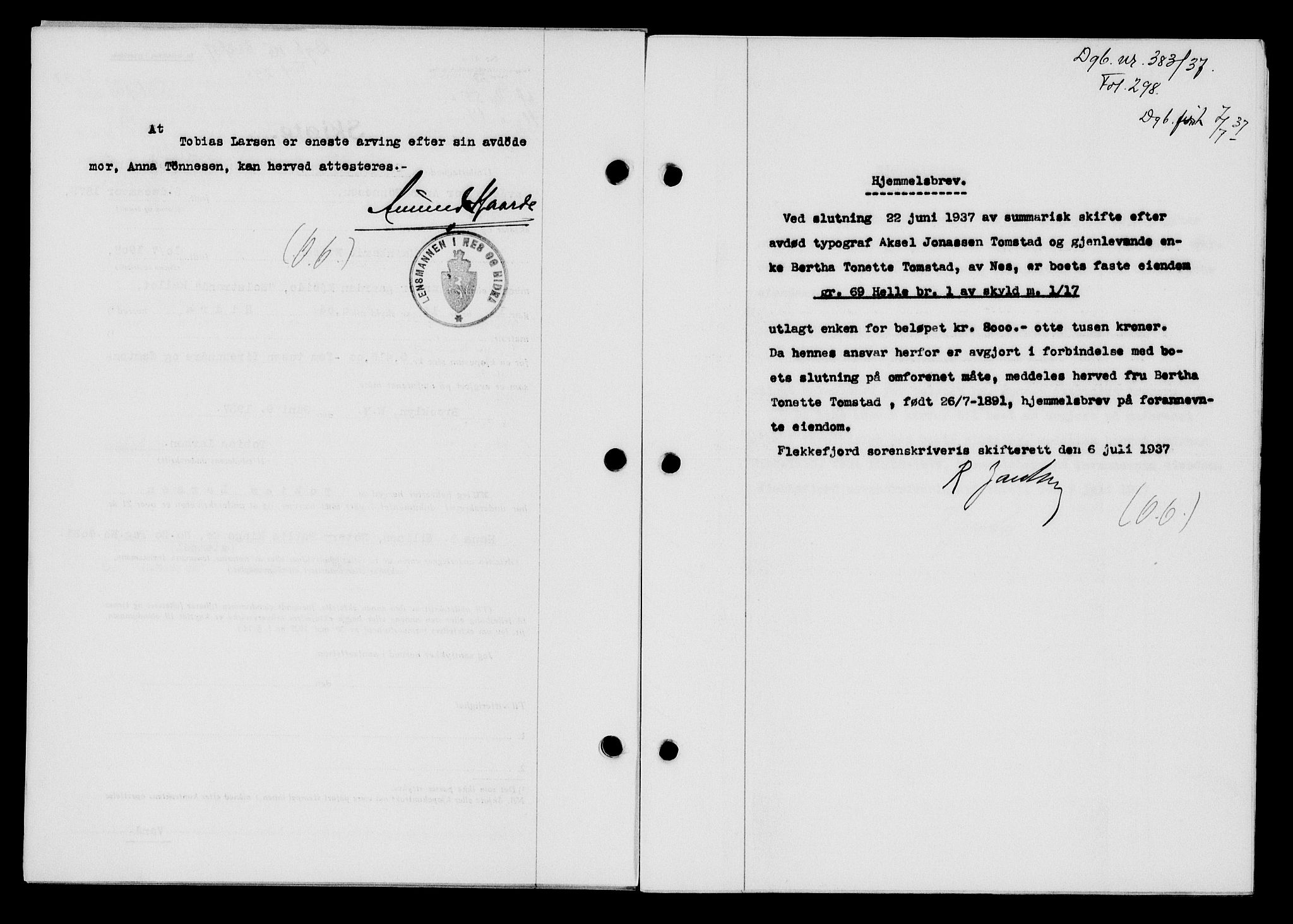 Flekkefjord sorenskriveri, SAK/1221-0001/G/Gb/Gba/L0053: Mortgage book no. A-1, 1936-1937, Diary no: : 383/1937
