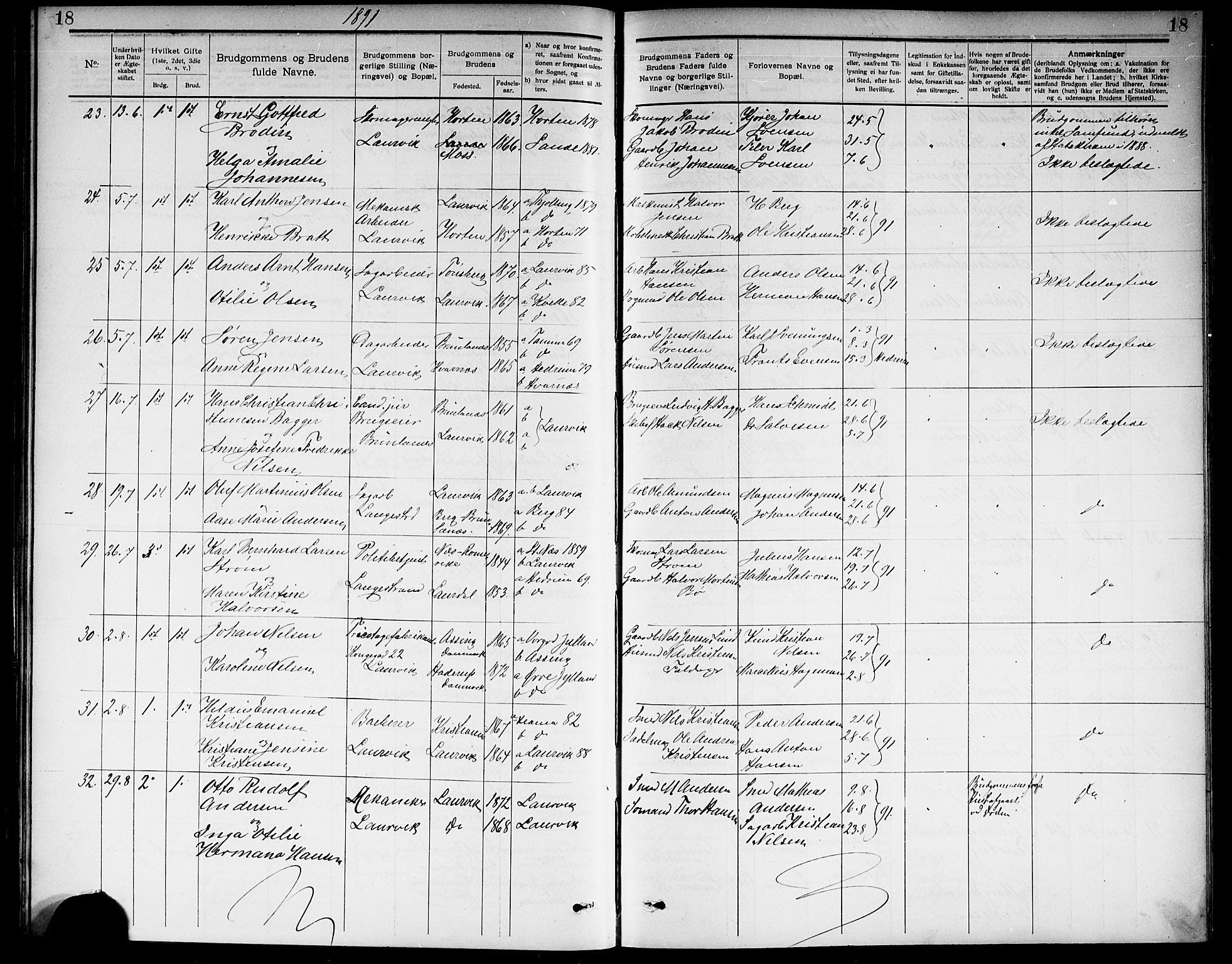 Larvik kirkebøker, SAKO/A-352/G/Ga/L0006: Parish register (copy) no. I 6, 1888-1917, p. 18