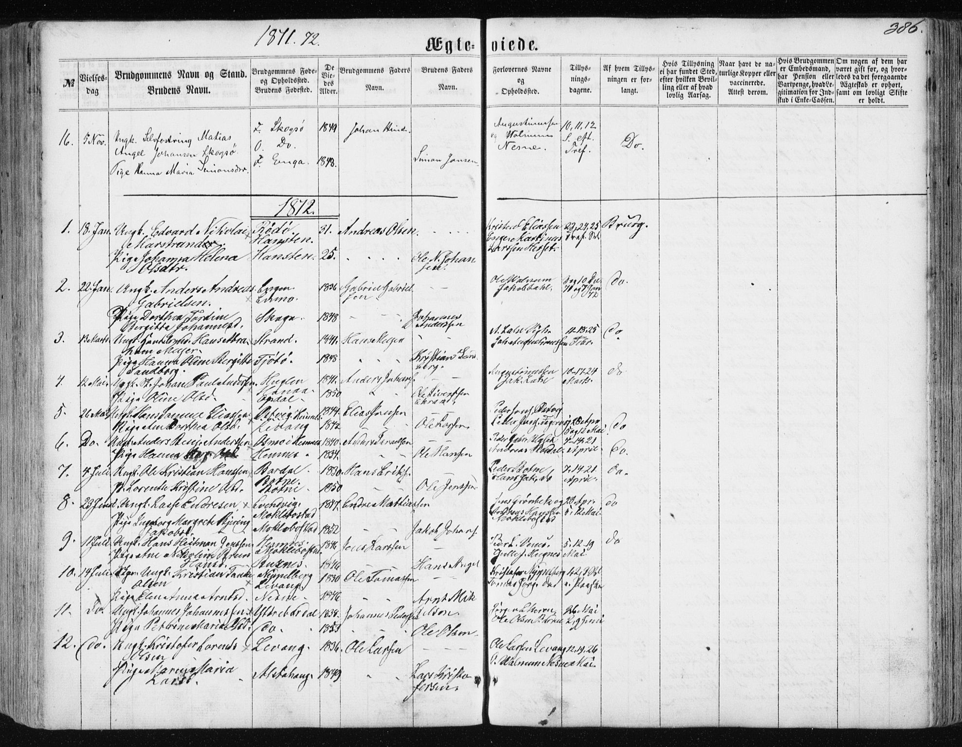 Ministerialprotokoller, klokkerbøker og fødselsregistre - Nordland, AV/SAT-A-1459/838/L0556: Parish register (copy) no. 838C03, 1861-1893, p. 386