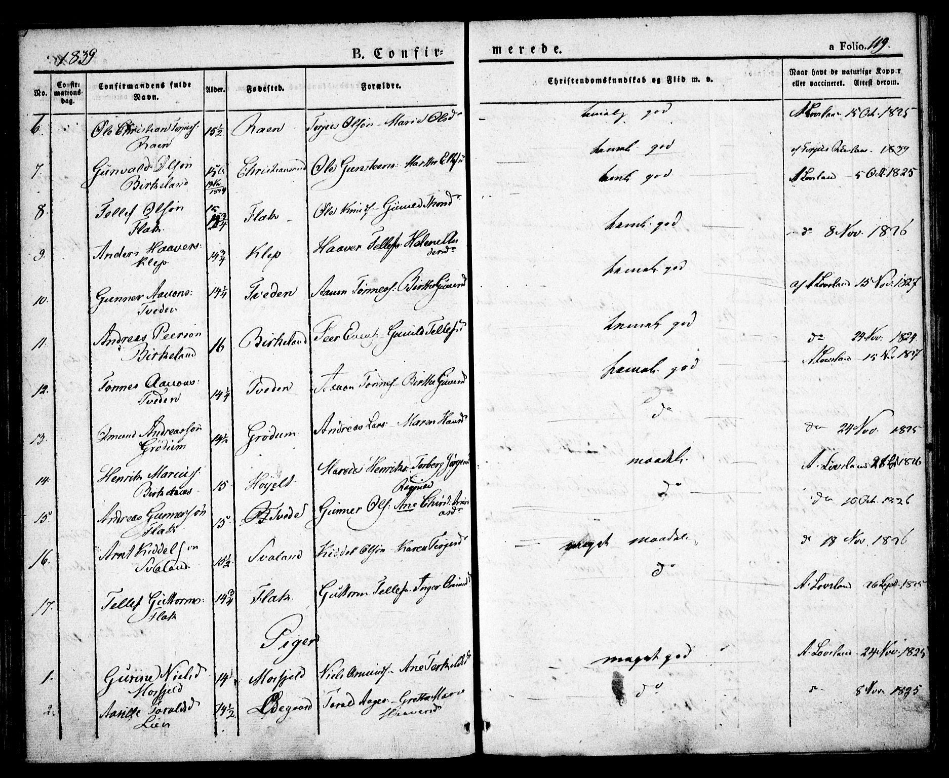 Birkenes sokneprestkontor, SAK/1111-0004/F/Fa/L0001: Parish register (official) no. A 1, 1829-1849, p. 119