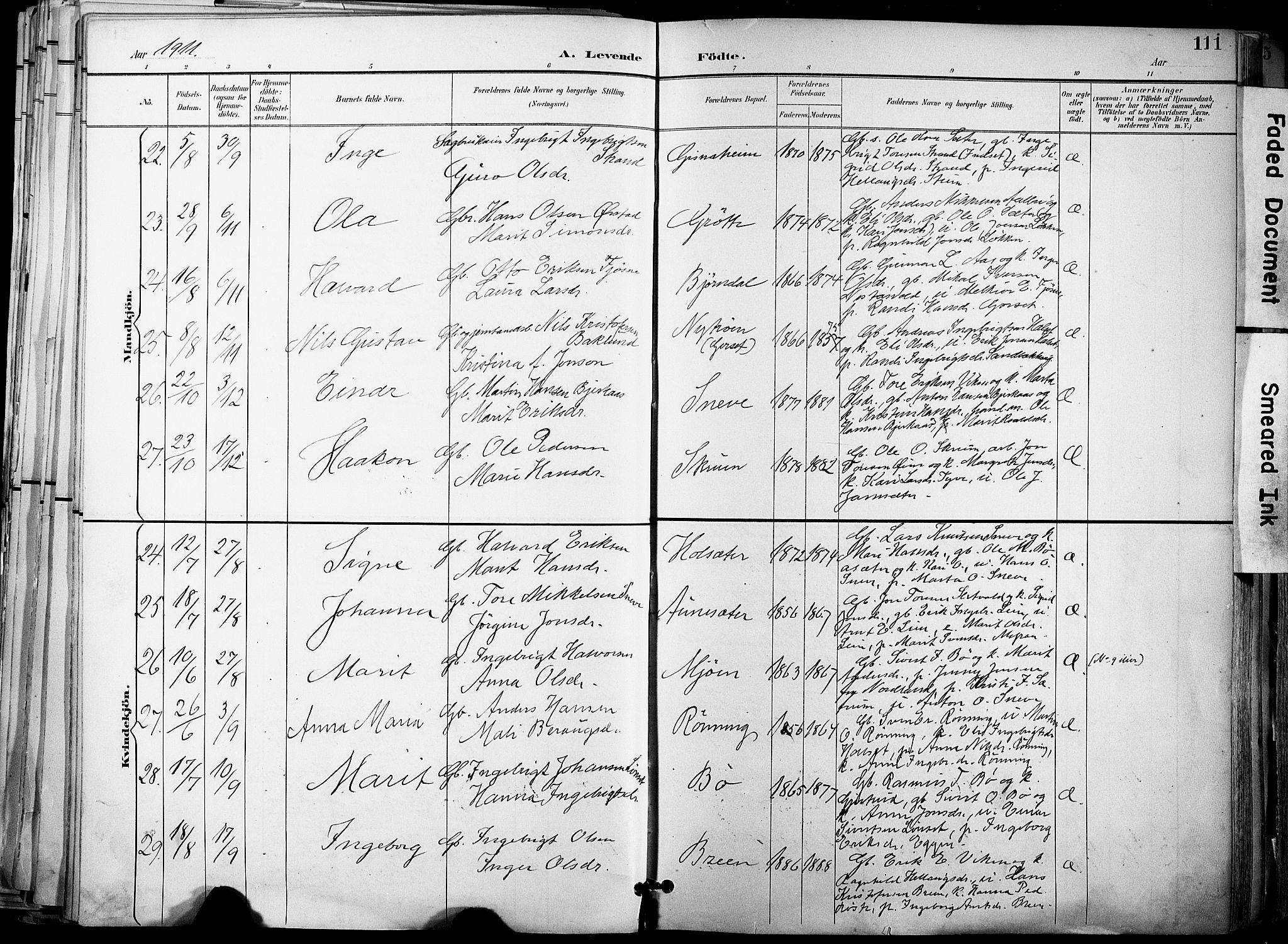 Ministerialprotokoller, klokkerbøker og fødselsregistre - Sør-Trøndelag, AV/SAT-A-1456/678/L0902: Parish register (official) no. 678A11, 1895-1911, p. 111