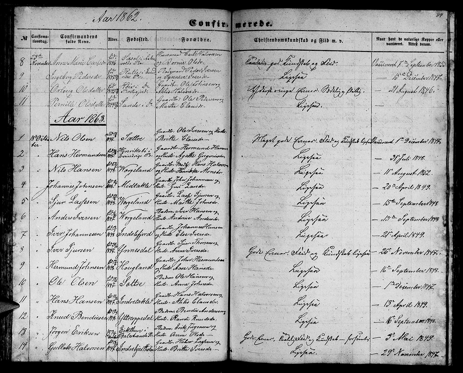 Gulen sokneprestembete, AV/SAB-A-80201/H/Hab/Habc/L0001: Parish register (copy) no. C 1, 1853-1880, p. 84