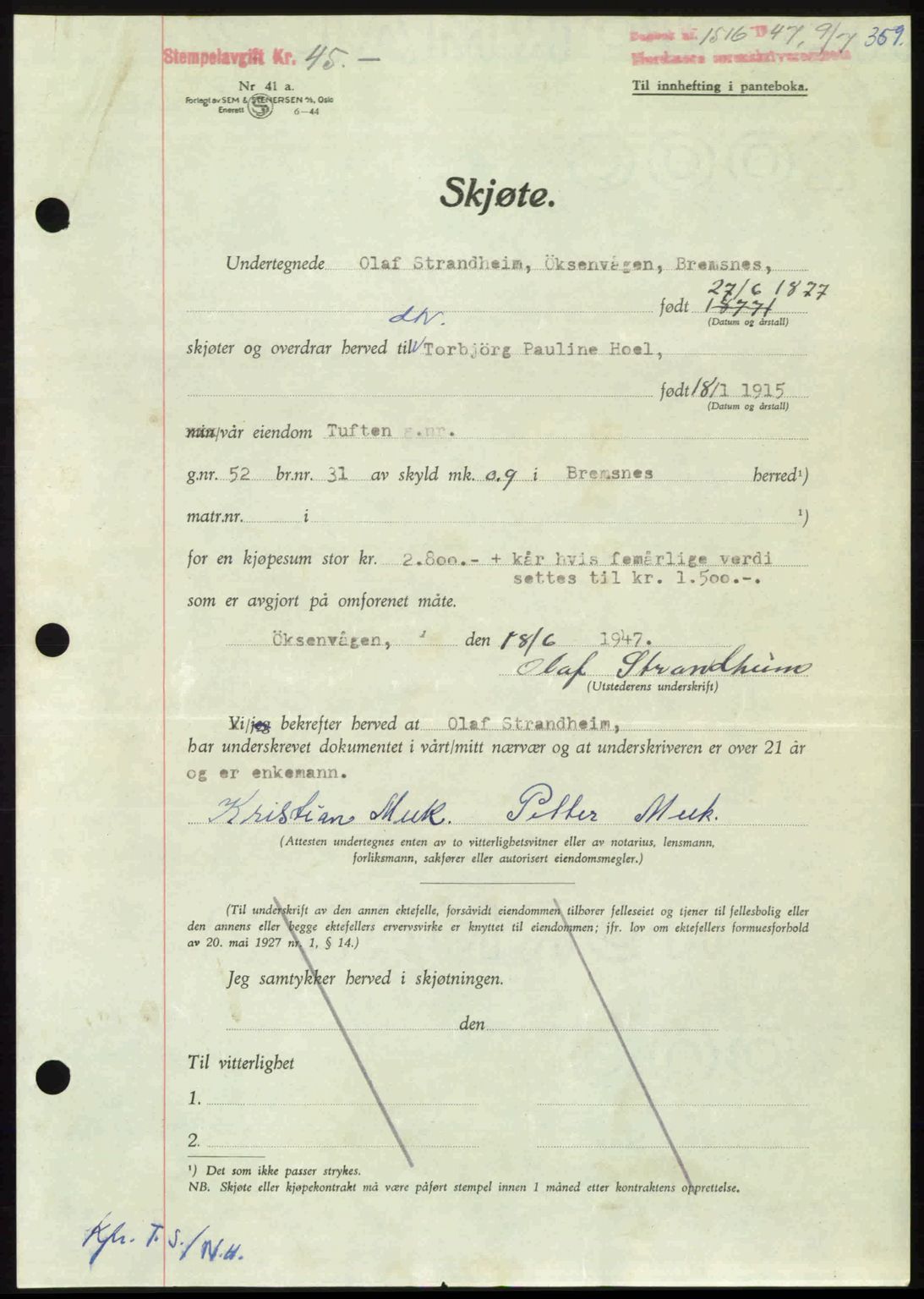 Nordmøre sorenskriveri, AV/SAT-A-4132/1/2/2Ca: Mortgage book no. A105, 1947-1947, Diary no: : 1516/1947