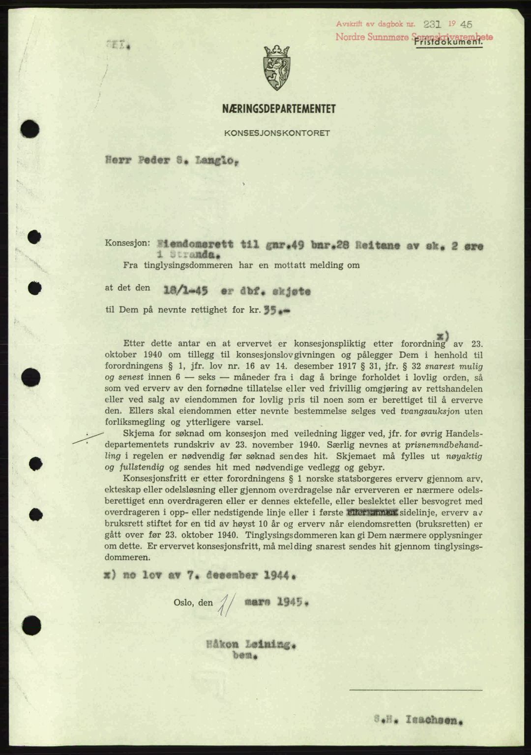 Nordre Sunnmøre sorenskriveri, SAT/A-0006/1/2/2C/2Ca: Mortgage book no. B6-14 a, 1942-1945, Diary no: : 231/1945