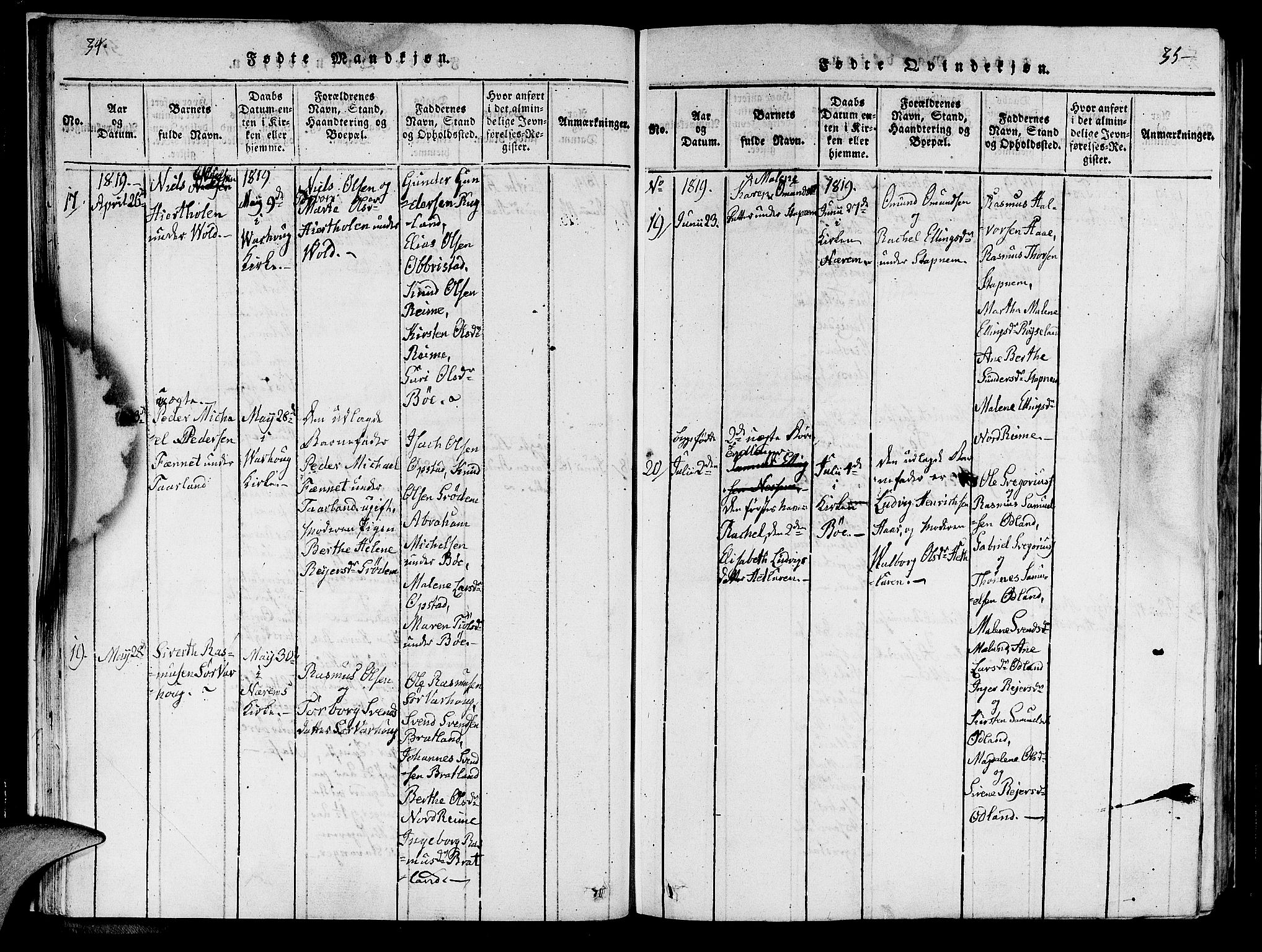 Hå sokneprestkontor, AV/SAST-A-101801/001/30BA/L0003: Parish register (official) no. A 3, 1815-1825, p. 34-35