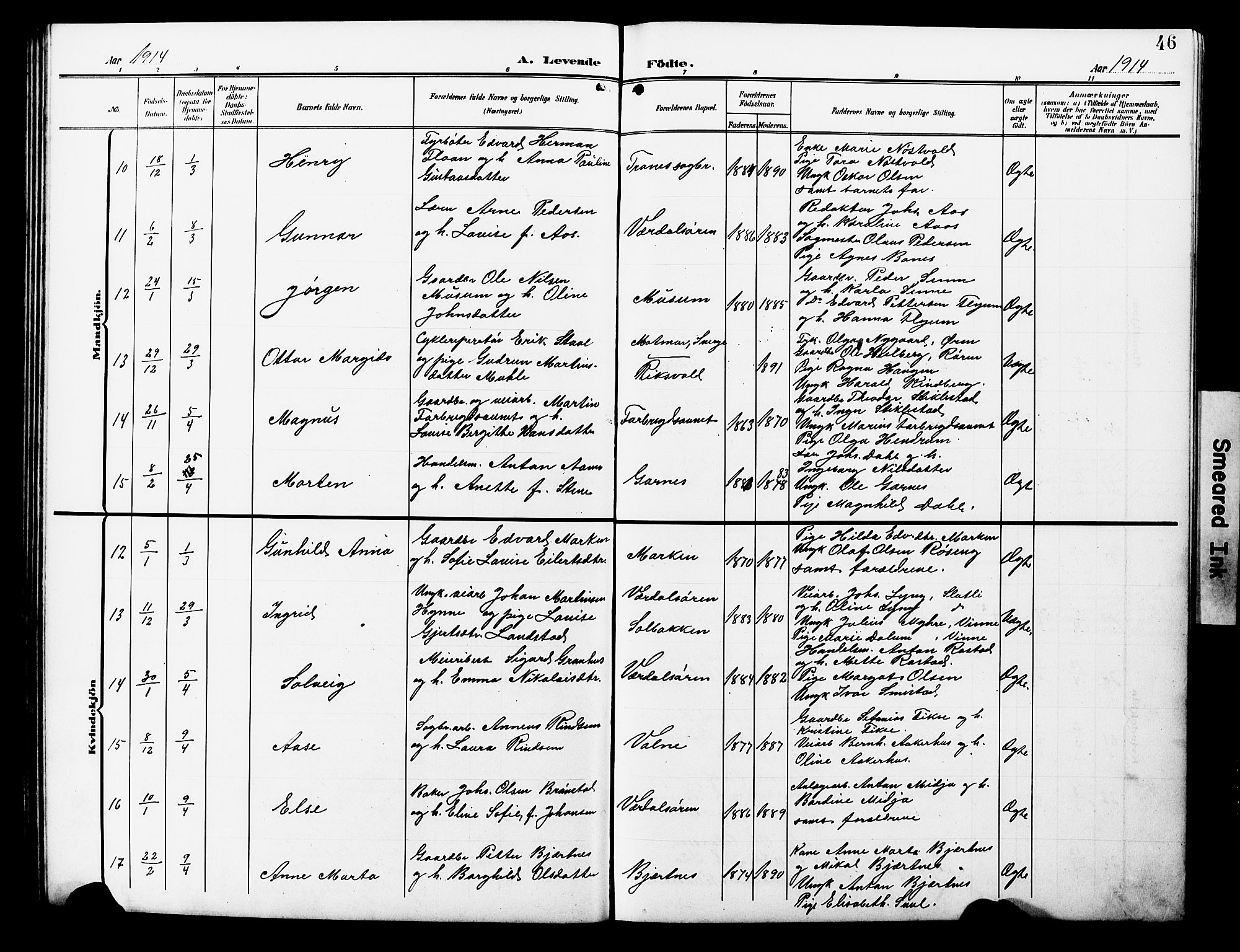 Ministerialprotokoller, klokkerbøker og fødselsregistre - Nord-Trøndelag, SAT/A-1458/723/L0258: Parish register (copy) no. 723C06, 1908-1927, p. 46