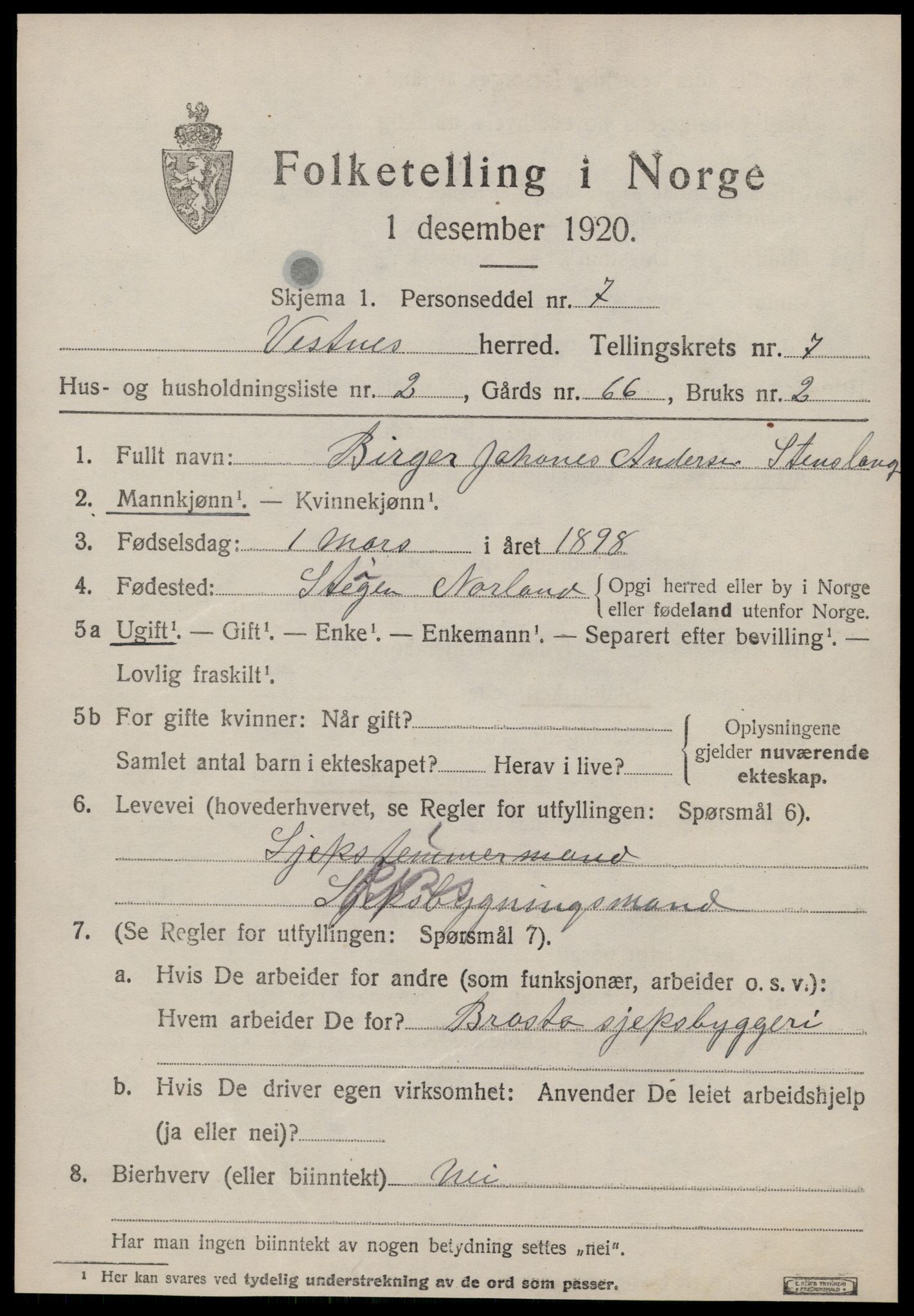 SAT, 1920 census for Vestnes, 1920, p. 5123