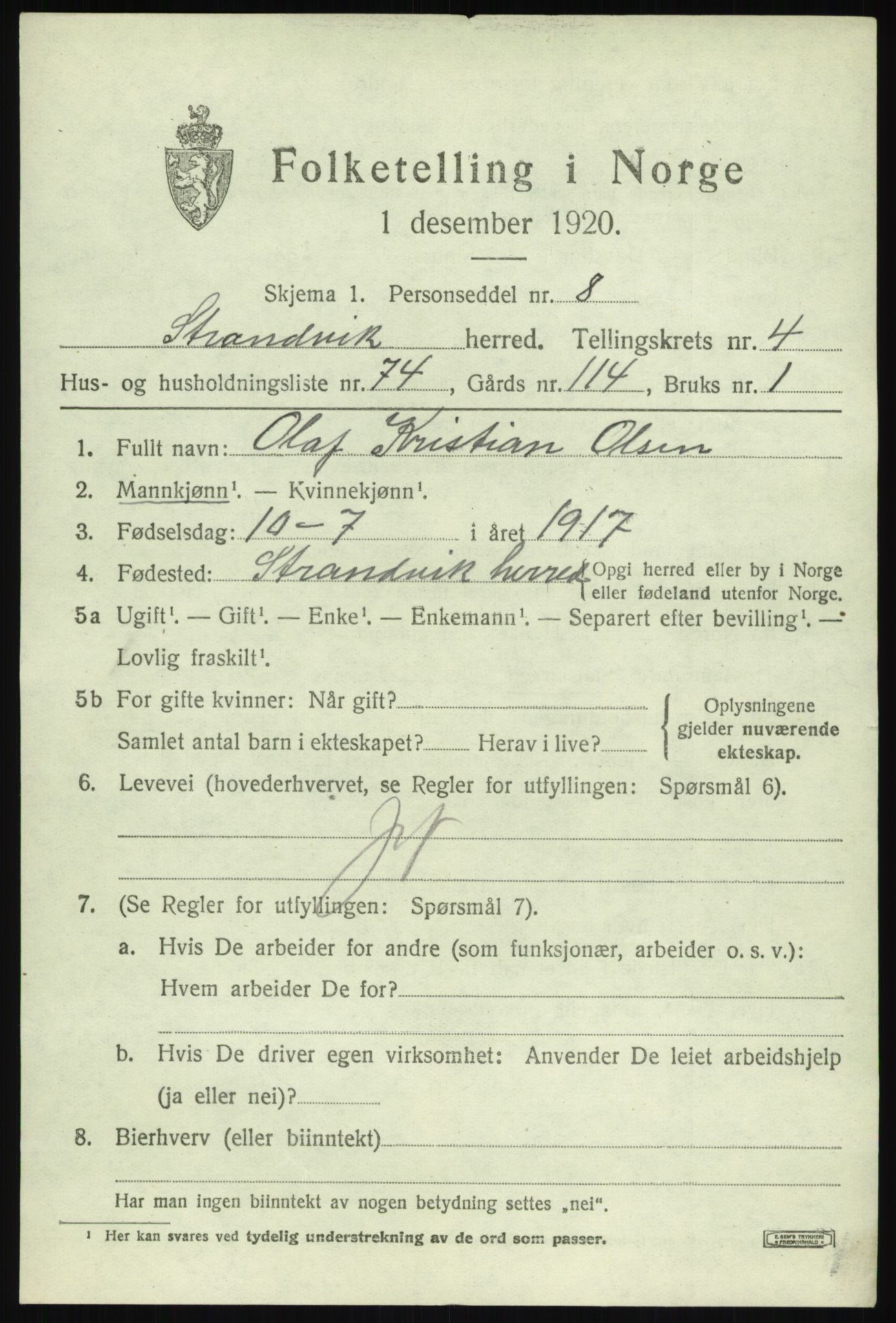 SAB, 1920 census for Strandvik, 1920, p. 3968