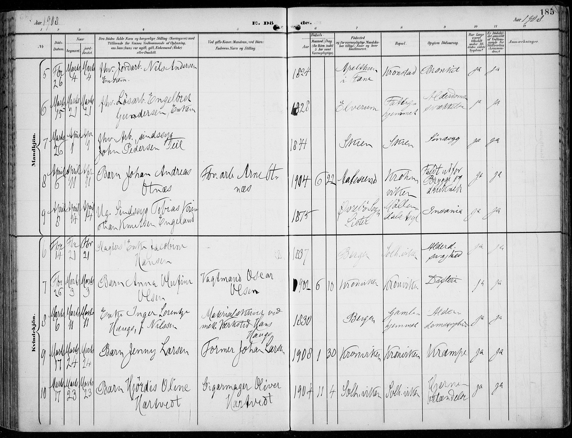 Årstad Sokneprestembete, AV/SAB-A-79301/H/Haa/L0009: Parish register (official) no. C 1, 1902-1918, p. 185