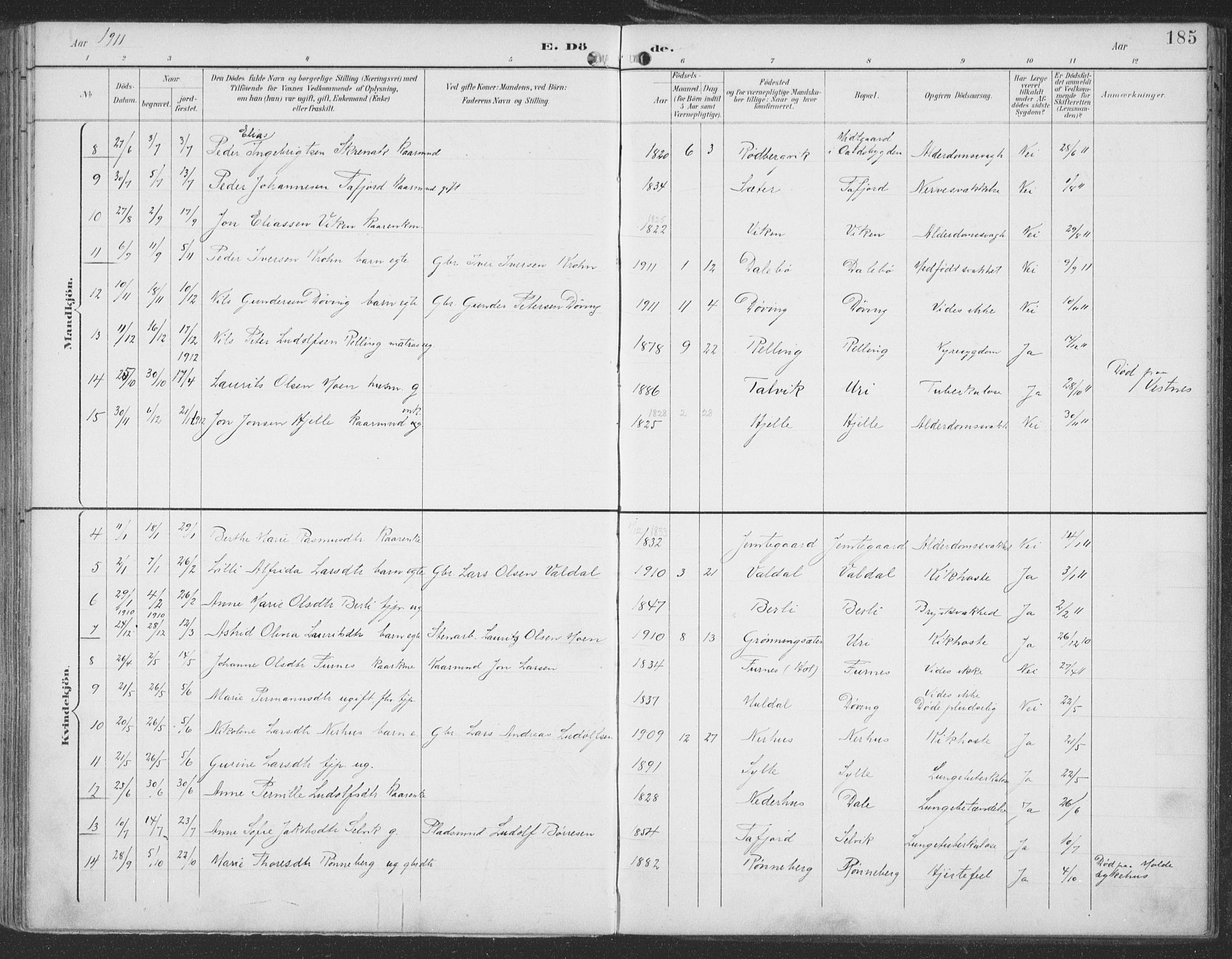Ministerialprotokoller, klokkerbøker og fødselsregistre - Møre og Romsdal, SAT/A-1454/519/L0256: Parish register (official) no. 519A15, 1895-1912, p. 185