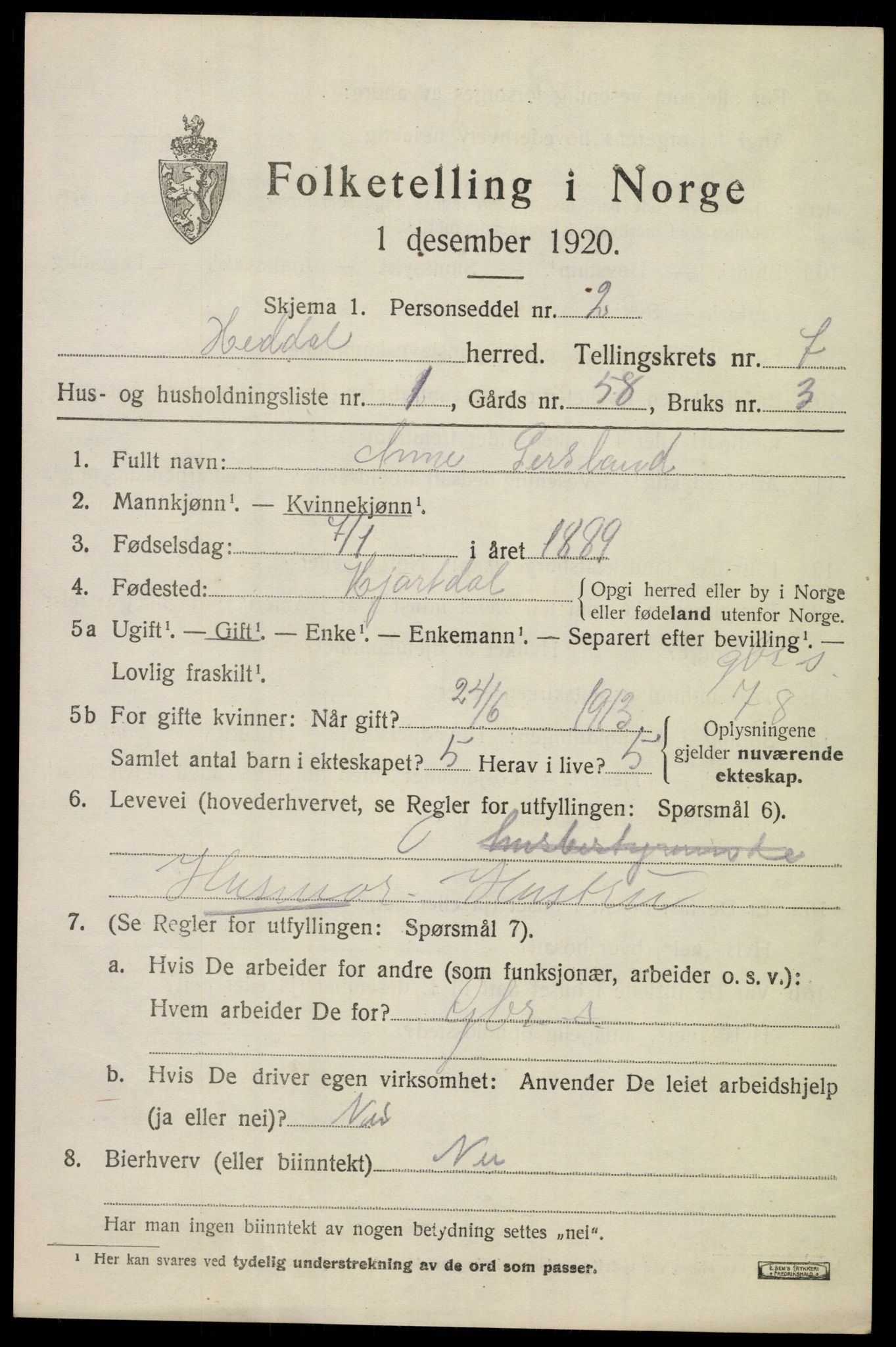 SAKO, 1920 census for Heddal, 1920, p. 5416