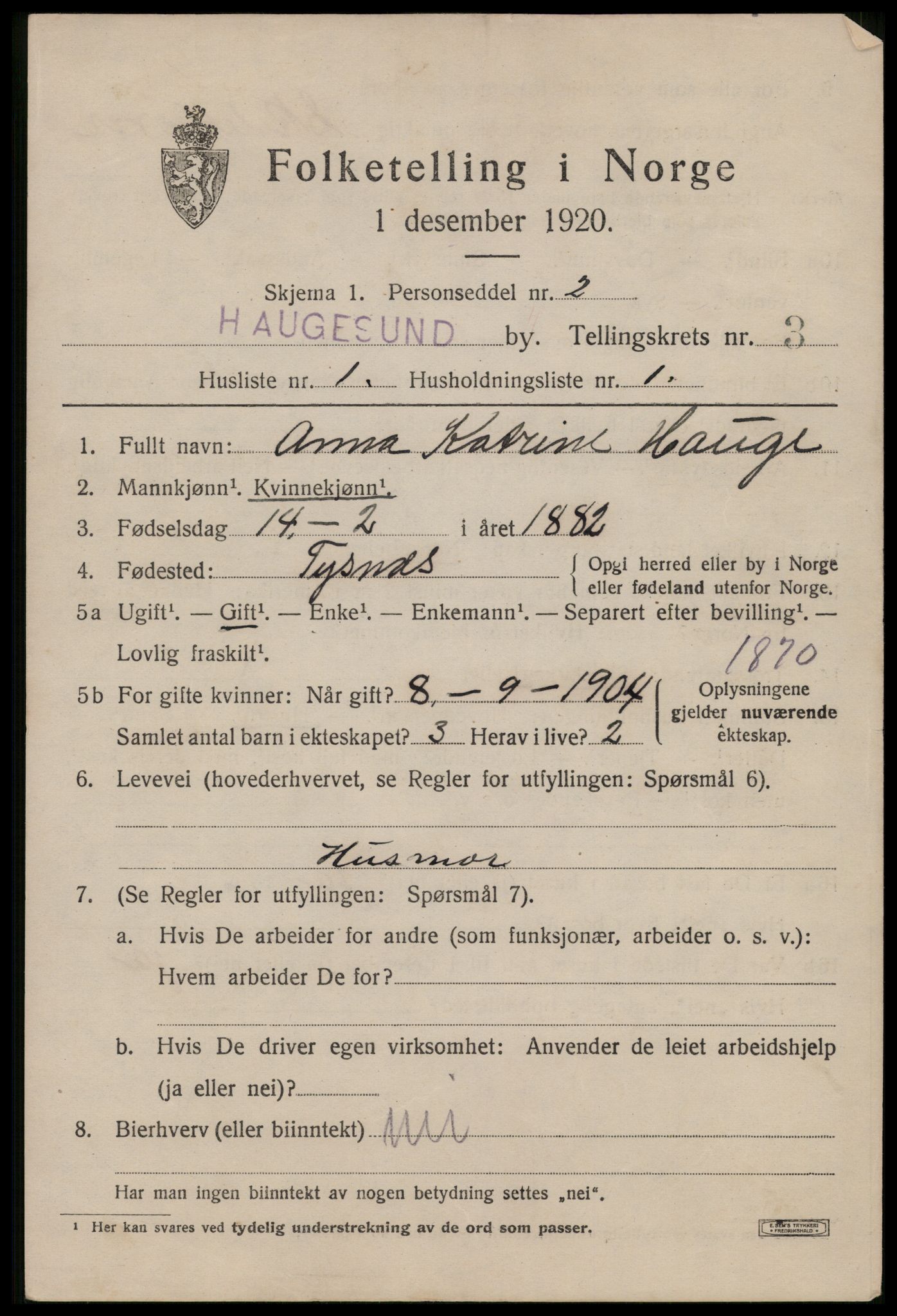 SAST, 1920 census for Haugesund, 1920, p. 14349