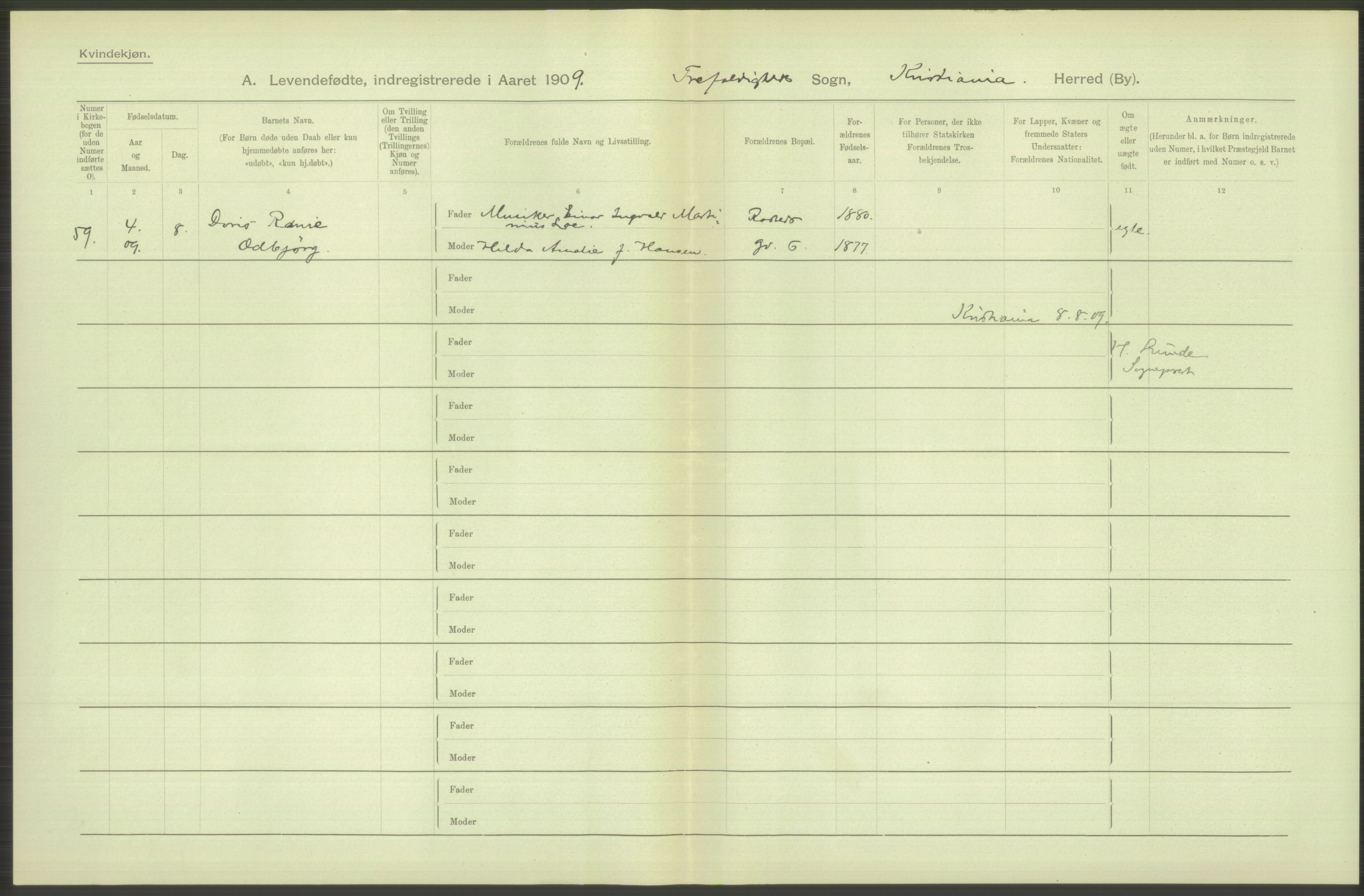 Statistisk sentralbyrå, Sosiodemografiske emner, Befolkning, AV/RA-S-2228/D/Df/Dfa/Dfag/L0007: Kristiania: Levendefødte menn og kvinner., 1909, p. 758