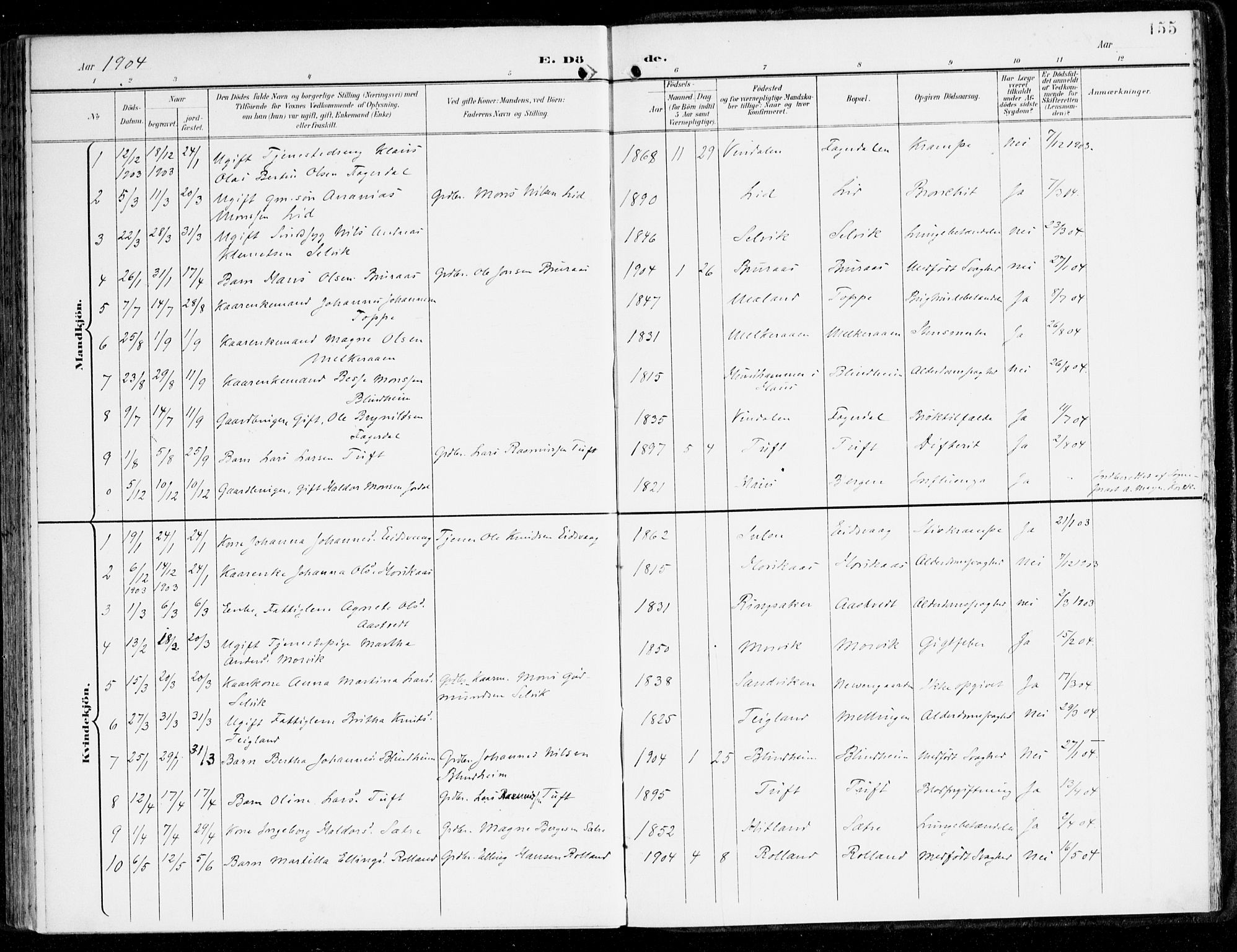 Hamre sokneprestembete, SAB/A-75501/H/Ha/Haa/Haad/L0002: Parish register (official) no. D 2, 1899-1916, p. 155
