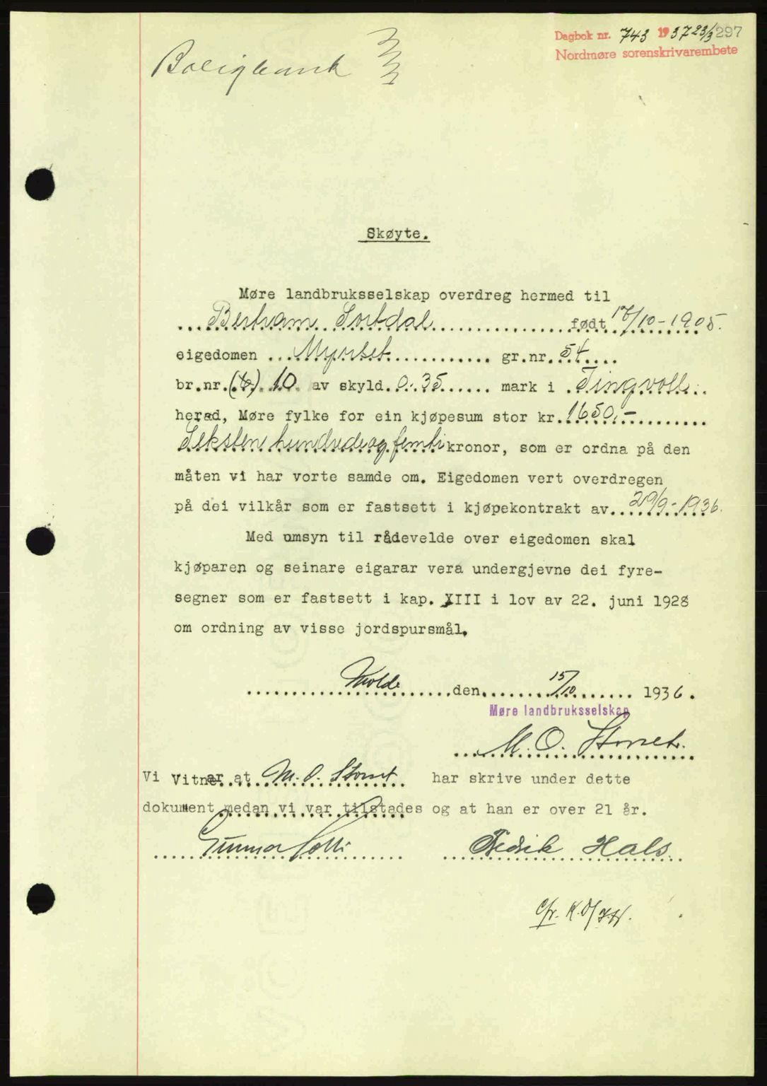 Nordmøre sorenskriveri, AV/SAT-A-4132/1/2/2Ca: Mortgage book no. A81, 1937-1937, Diary no: : 743/1937