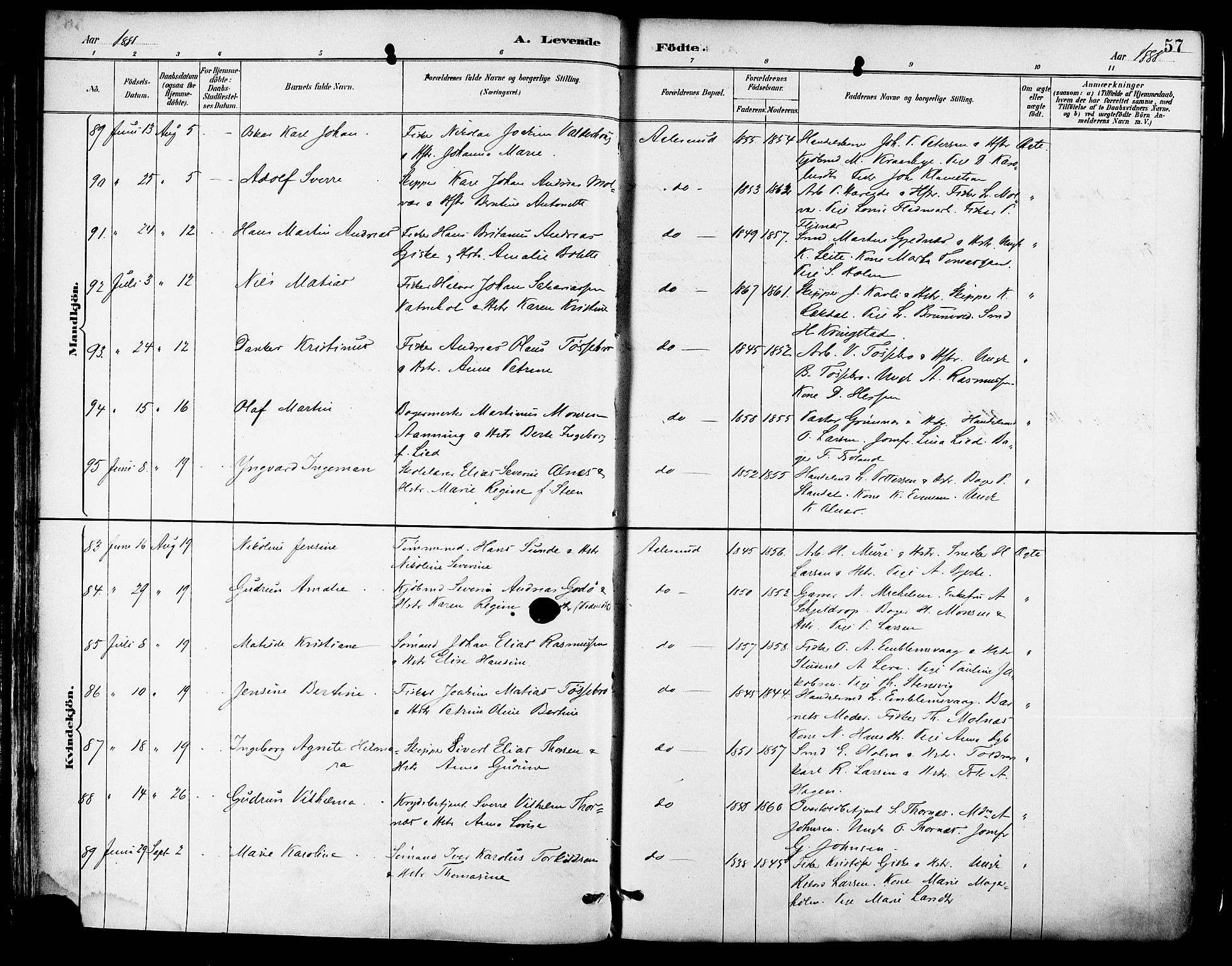 Ministerialprotokoller, klokkerbøker og fødselsregistre - Møre og Romsdal, SAT/A-1454/529/L0455: Parish register (official) no. 529A05, 1885-1893, p. 57
