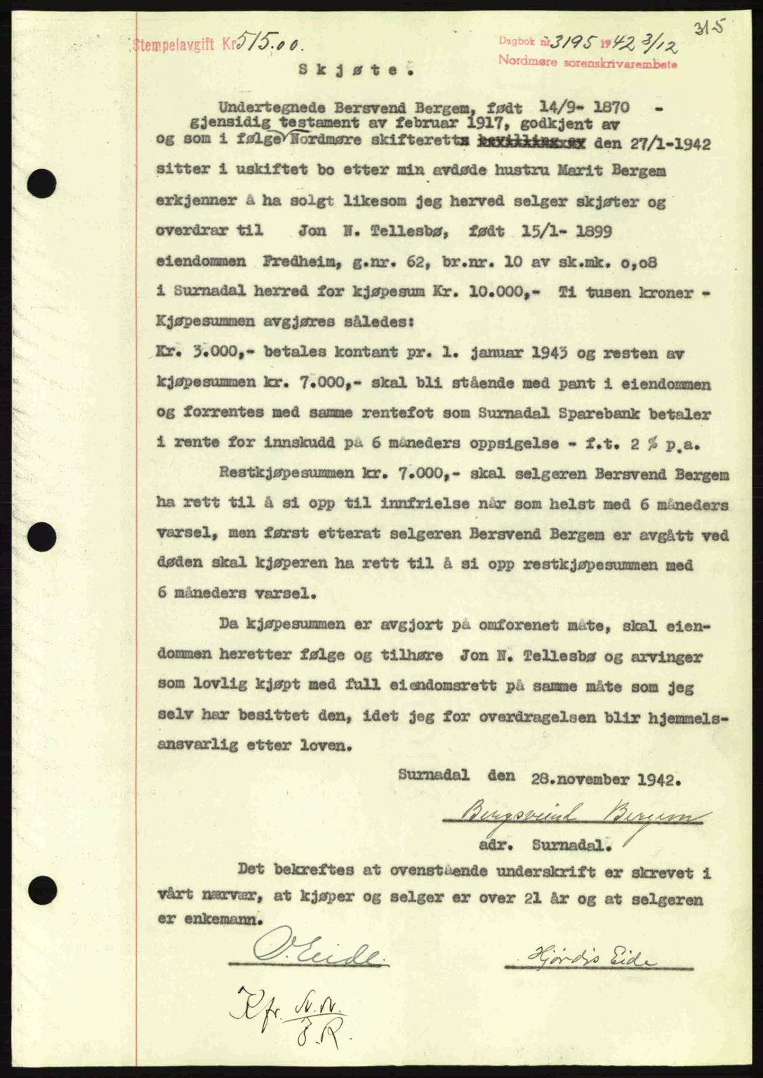 Nordmøre sorenskriveri, AV/SAT-A-4132/1/2/2Ca: Mortgage book no. A94, 1942-1943, Diary no: : 3195/1942