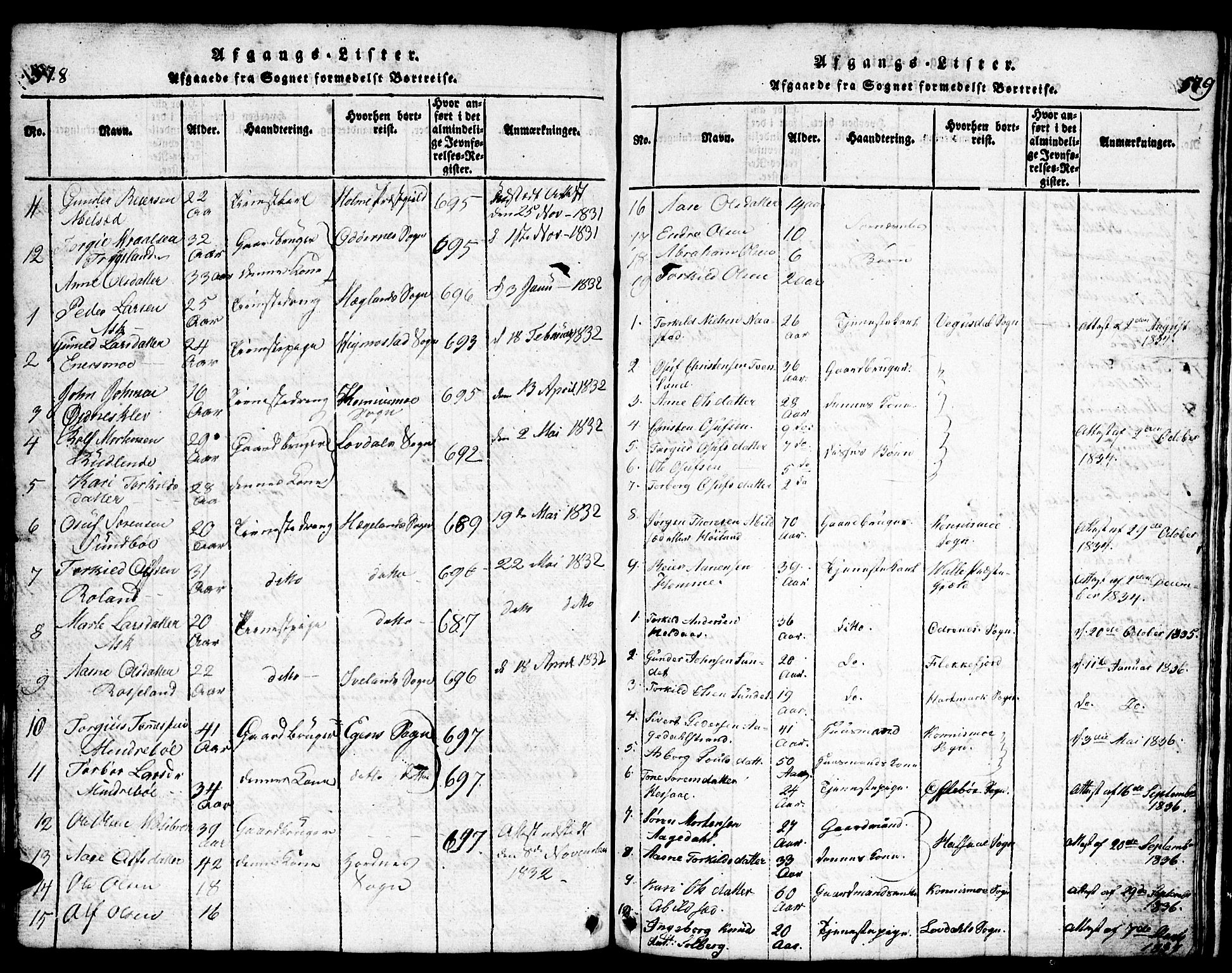 Bjelland sokneprestkontor, AV/SAK-1111-0005/F/Fb/Fba/L0003: Parish register (copy) no. B 3, 1816-1870, p. 578-579