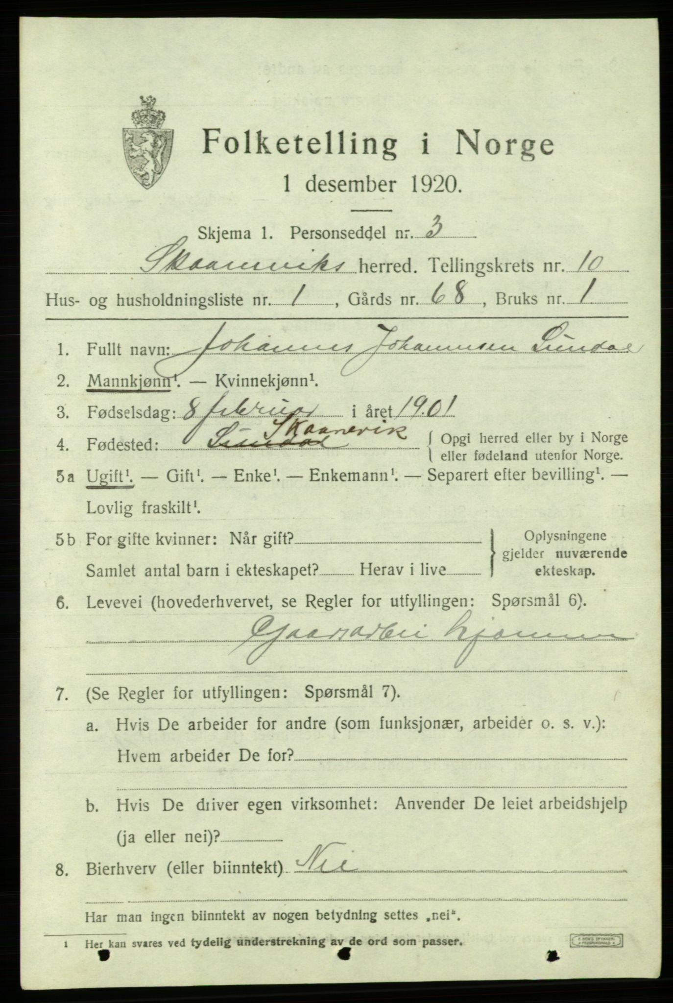 SAB, 1920 census for Skånevik, 1920, p. 5079