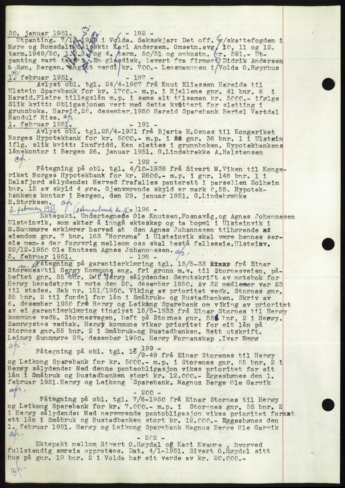 Søre Sunnmøre sorenskriveri, AV/SAT-A-4122/1/2/2C/L0072: Mortgage book no. 66, 1941-1955, Diary no: : 182/1951