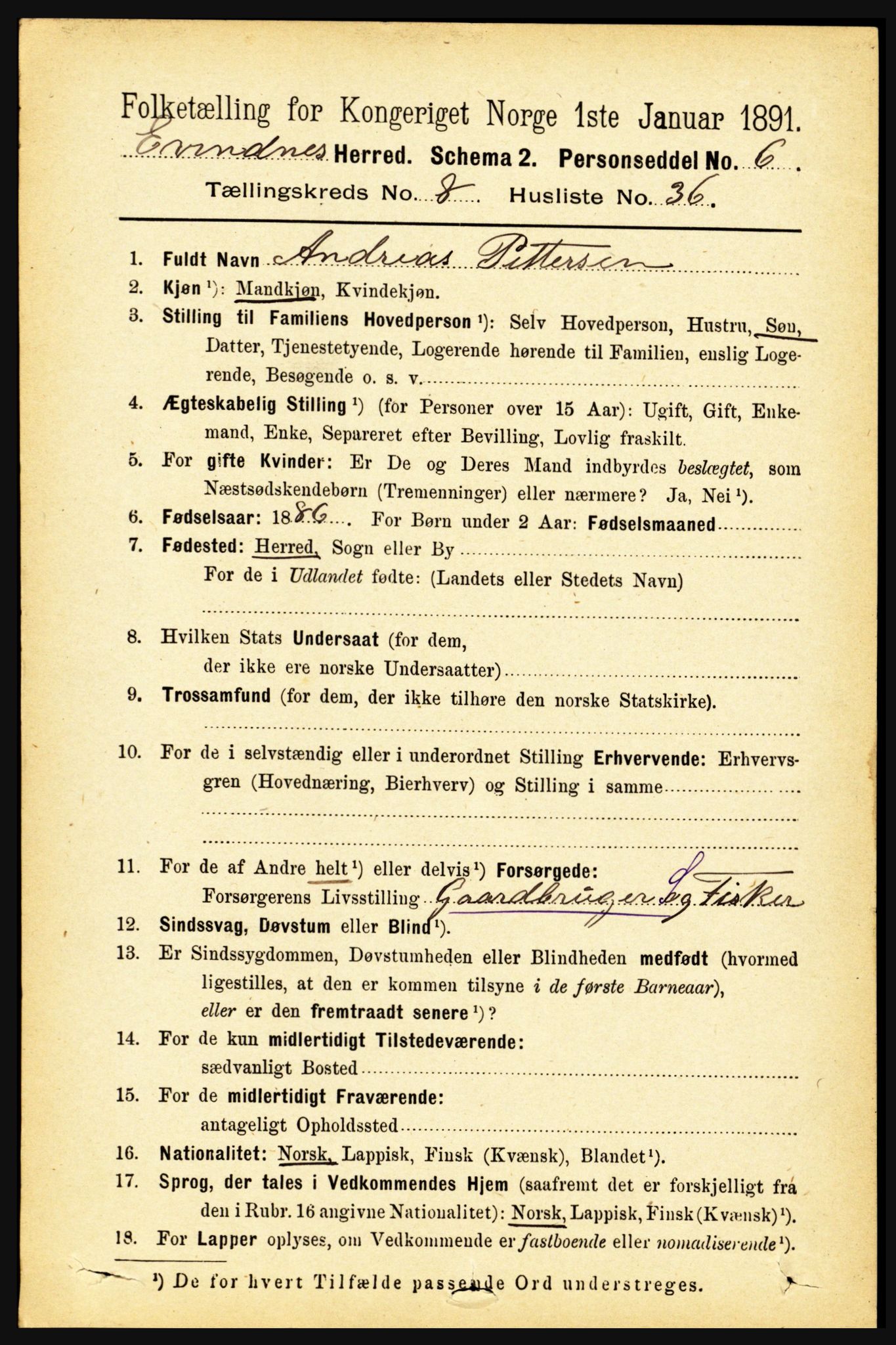 RA, 1891 census for 1853 Evenes, 1891, p. 2756