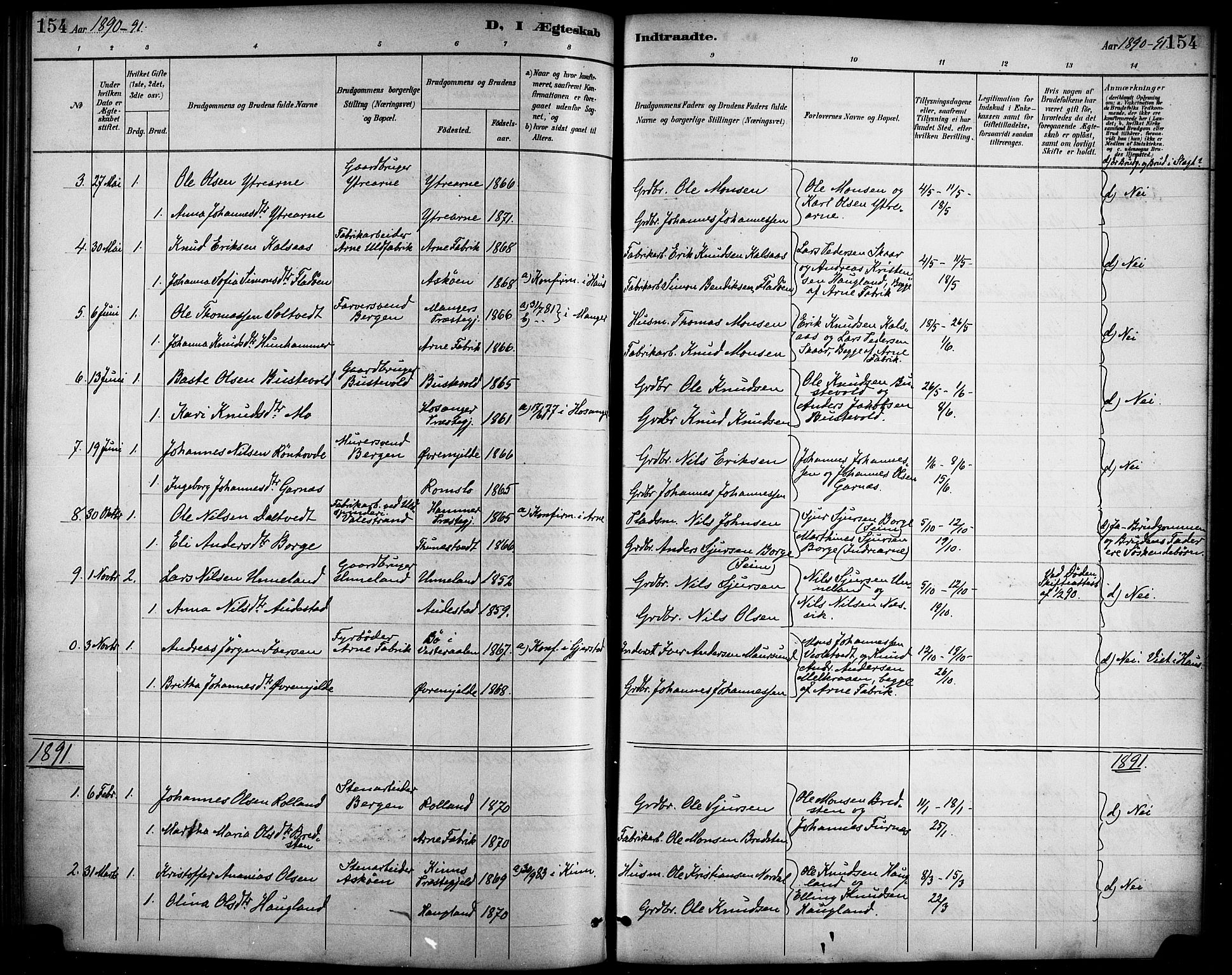 Haus sokneprestembete, AV/SAB-A-75601/H/Haa/Haad/L0001: Parish register (official) no. D 1, 1887-1898, p. 154