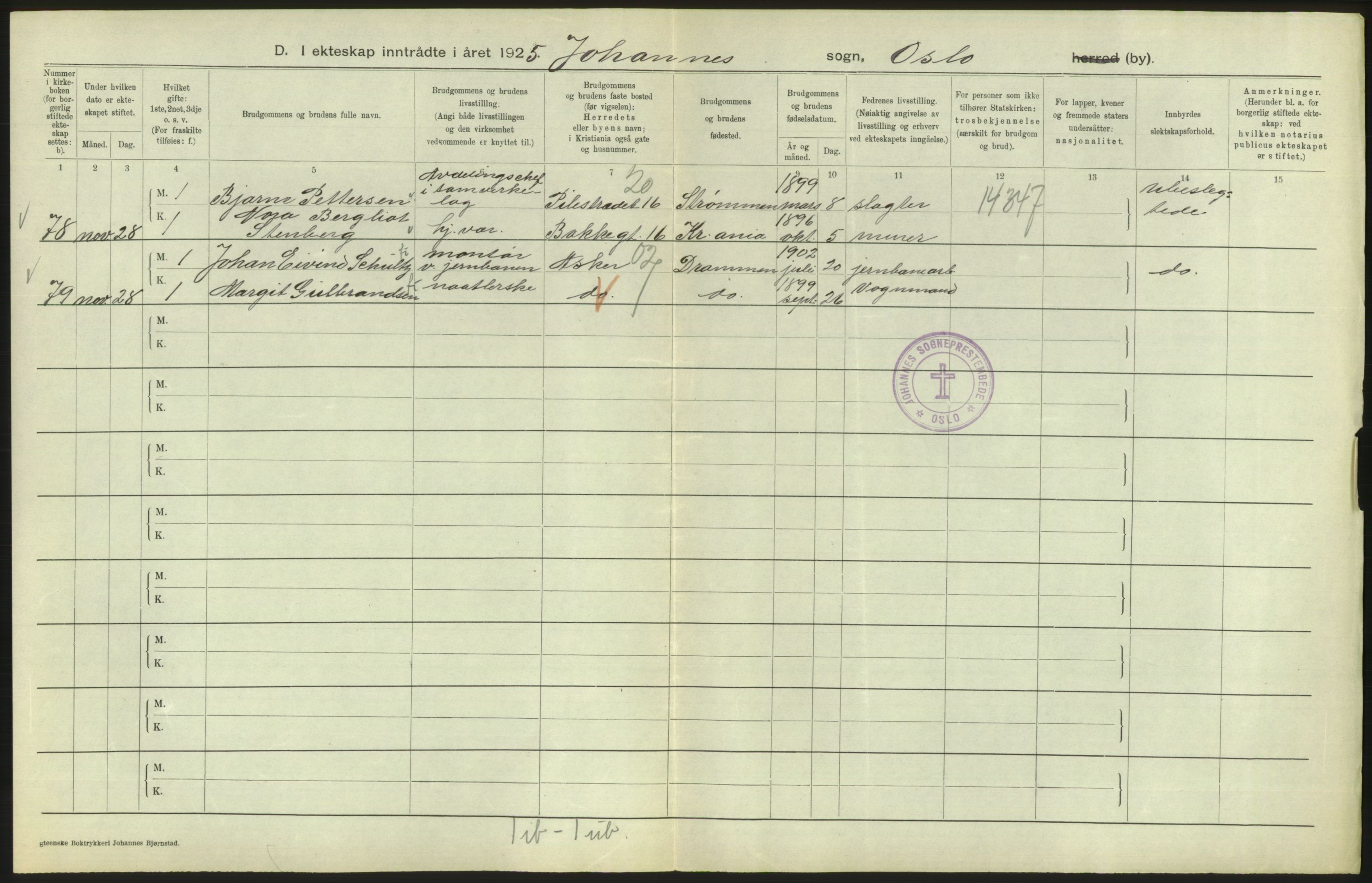 Statistisk sentralbyrå, Sosiodemografiske emner, Befolkning, RA/S-2228/D/Df/Dfc/Dfce/L0008: Oslo: Gifte, 1925, p. 184