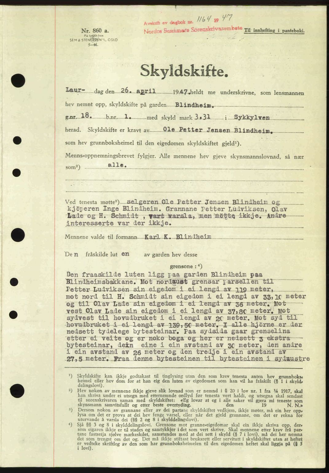 Nordre Sunnmøre sorenskriveri, AV/SAT-A-0006/1/2/2C/2Ca: Mortgage book no. A25, 1947-1947, Diary no: : 1164/1947