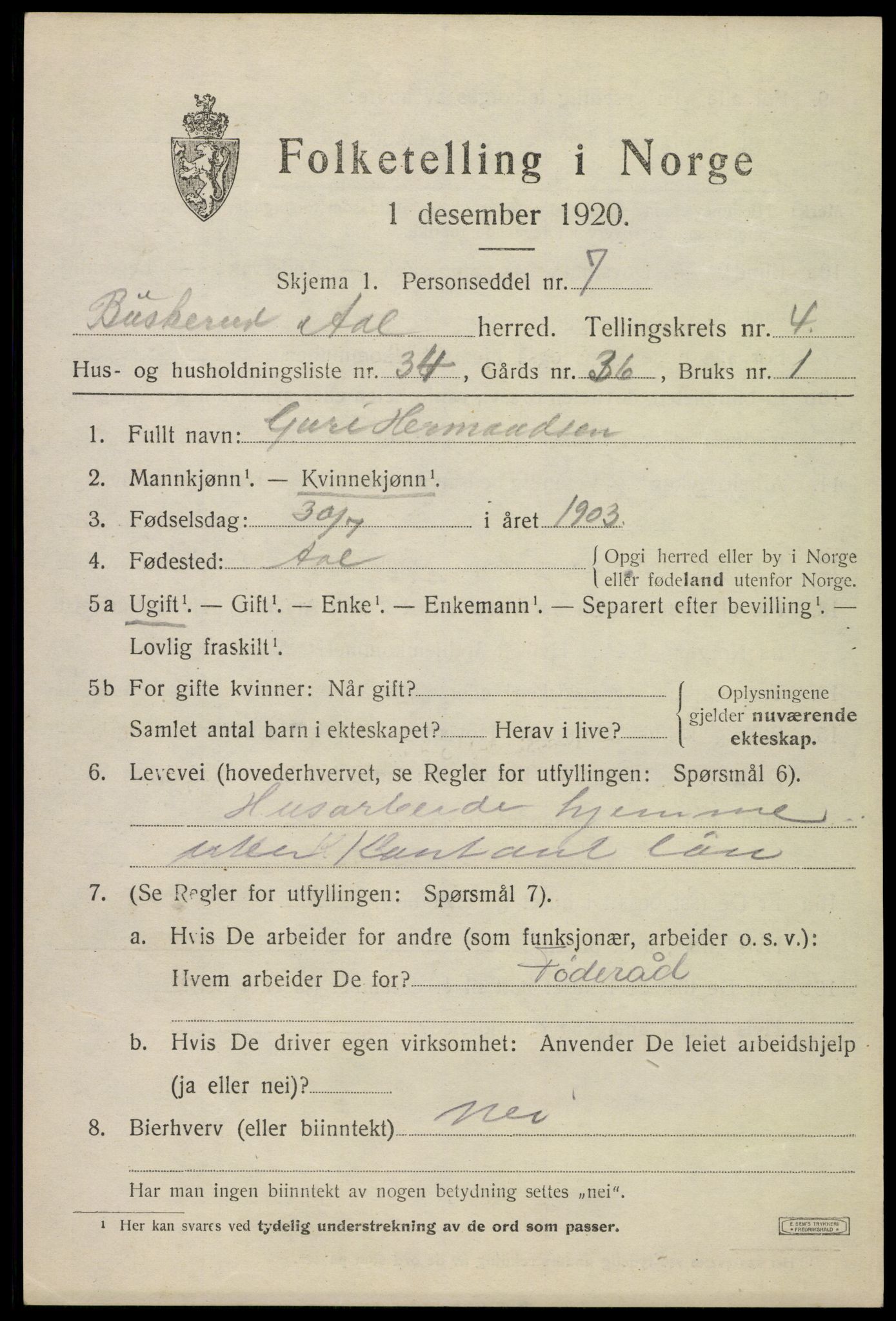 SAKO, 1920 census for Ål, 1920, p. 3390