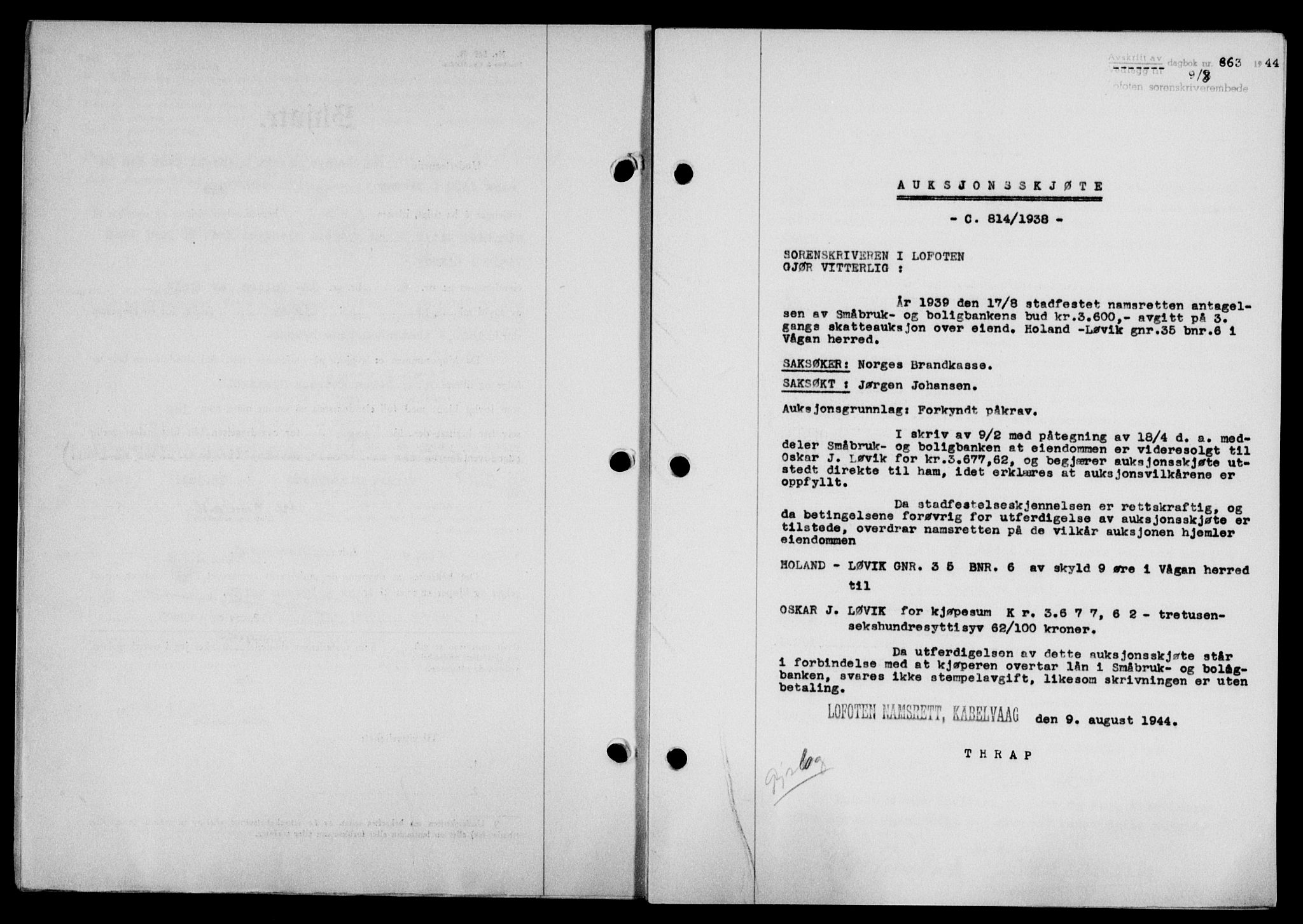 Lofoten sorenskriveri, SAT/A-0017/1/2/2C/L0012a: Mortgage book no. 12a, 1943-1944, Diary no: : 863/1944
