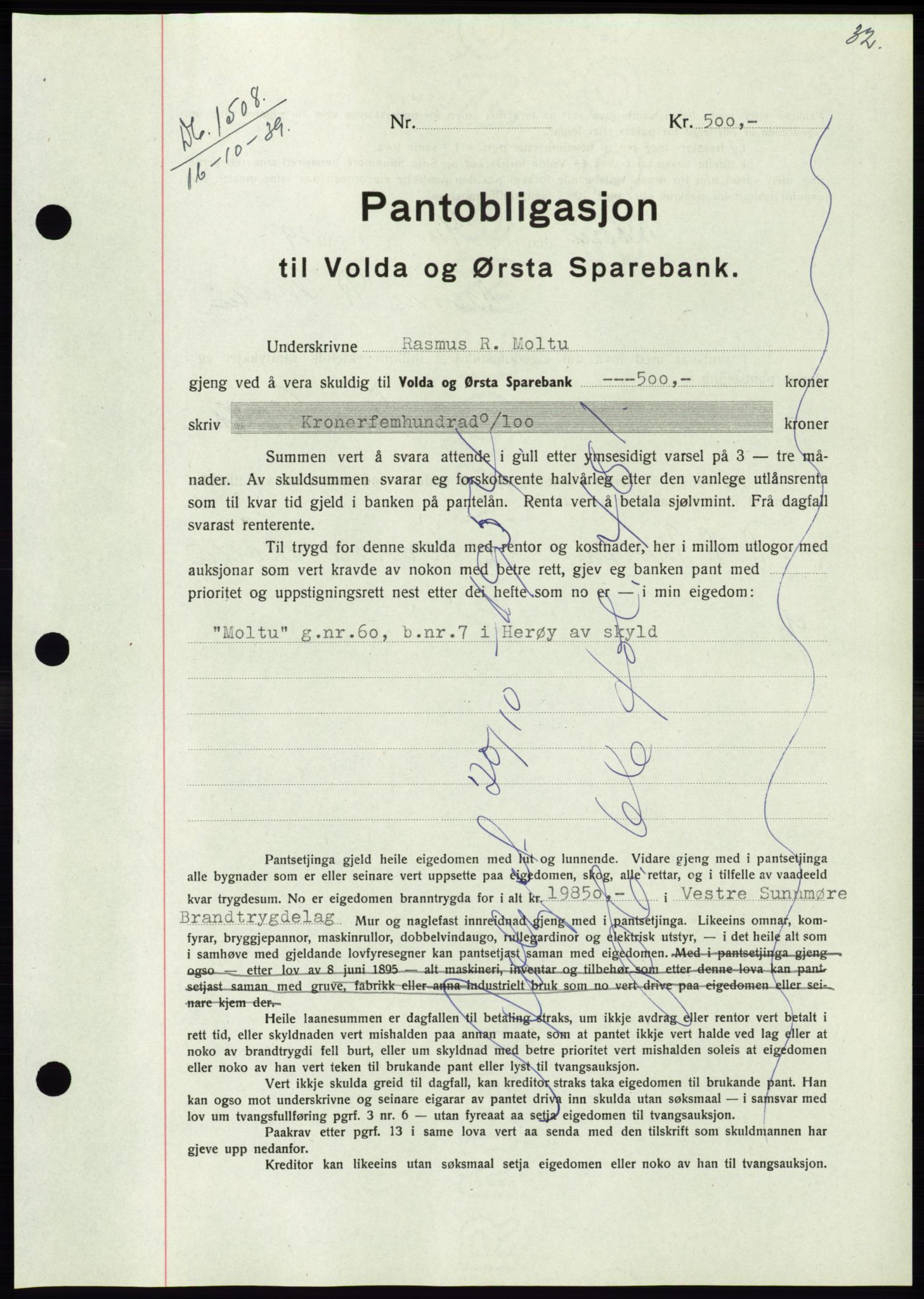 Søre Sunnmøre sorenskriveri, AV/SAT-A-4122/1/2/2C/L0069: Mortgage book no. 63, 1939-1940, Diary no: : 1508/1939