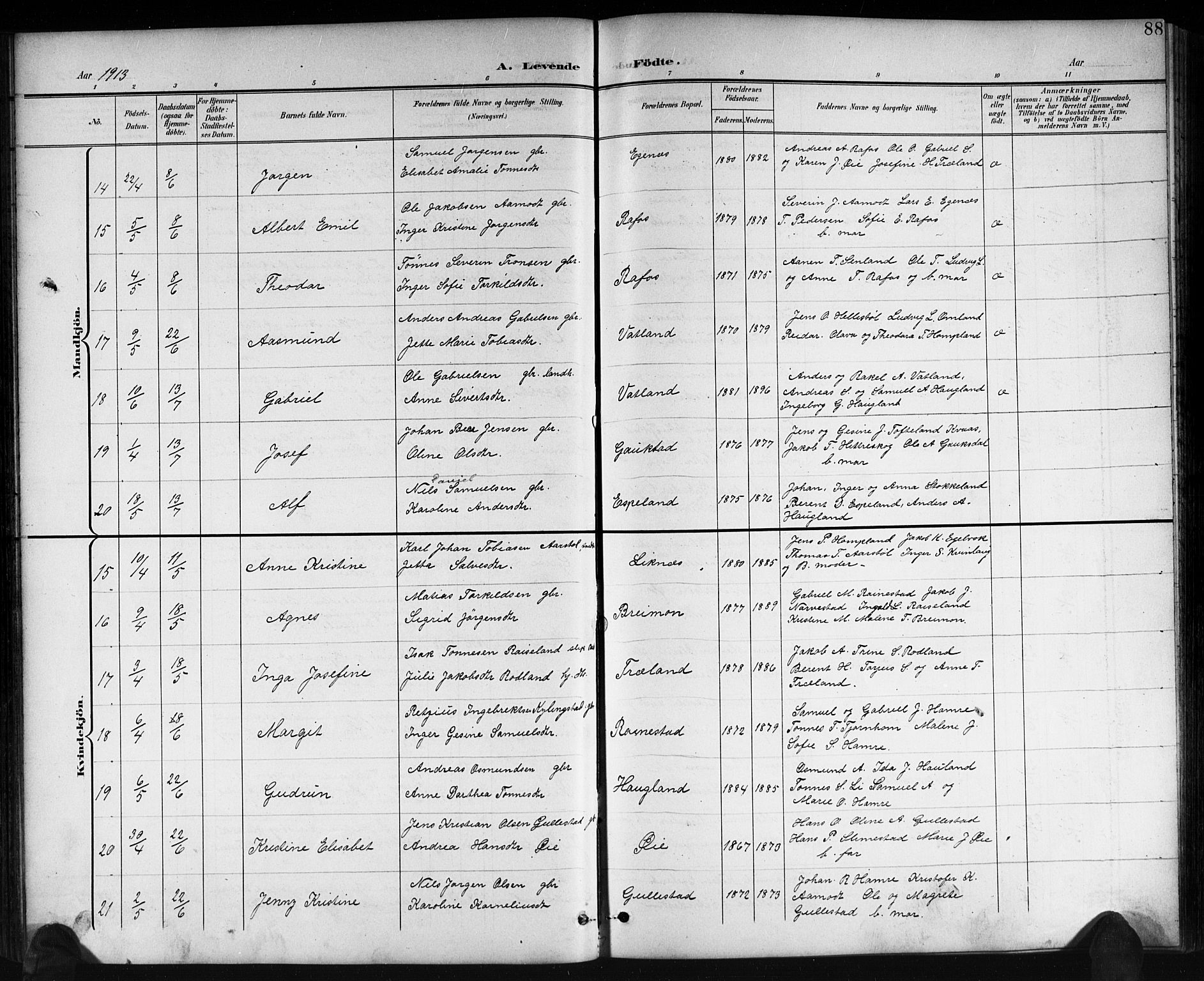 Kvinesdal sokneprestkontor, SAK/1111-0026/F/Fb/Fbb/L0003: Parish register (copy) no. B 3, 1898-1916, p. 88