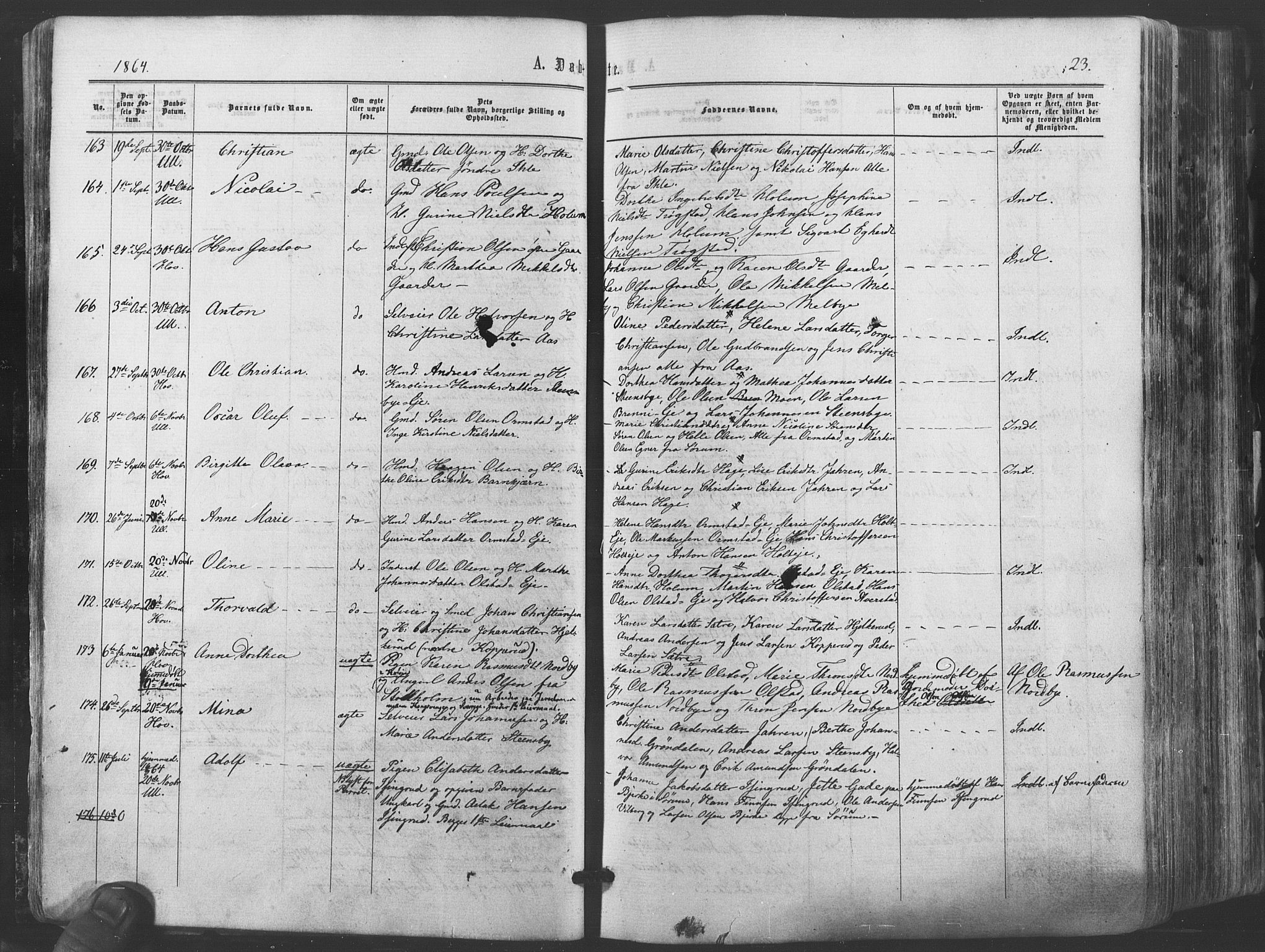 Ullensaker prestekontor Kirkebøker, AV/SAO-A-10236a/F/Fa/L0016: Parish register (official) no. I 16, 1863-1875, p. 23
