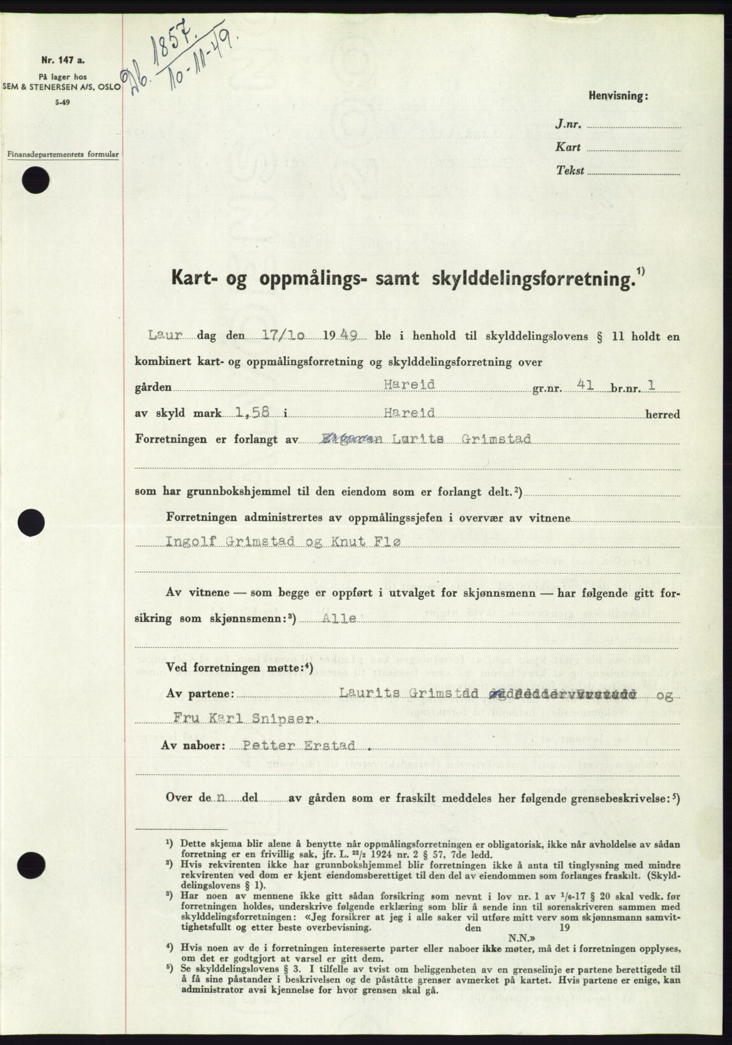 Søre Sunnmøre sorenskriveri, AV/SAT-A-4122/1/2/2C/L0085: Mortgage book no. 11A, 1949-1949, Diary no: : 1857/1949