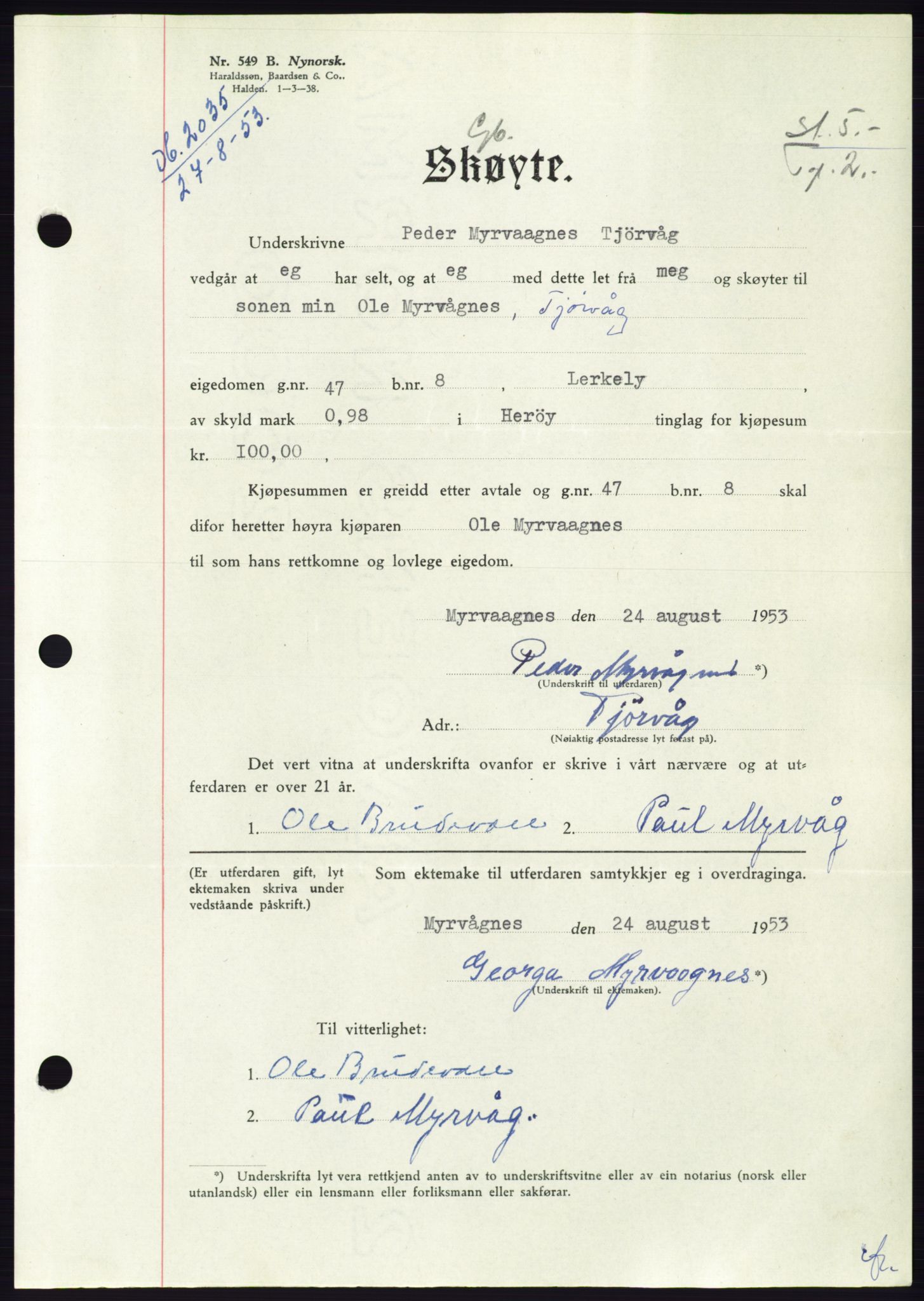 Søre Sunnmøre sorenskriveri, AV/SAT-A-4122/1/2/2C/L0095: Mortgage book no. 21A, 1953-1953, Diary no: : 2035/1953