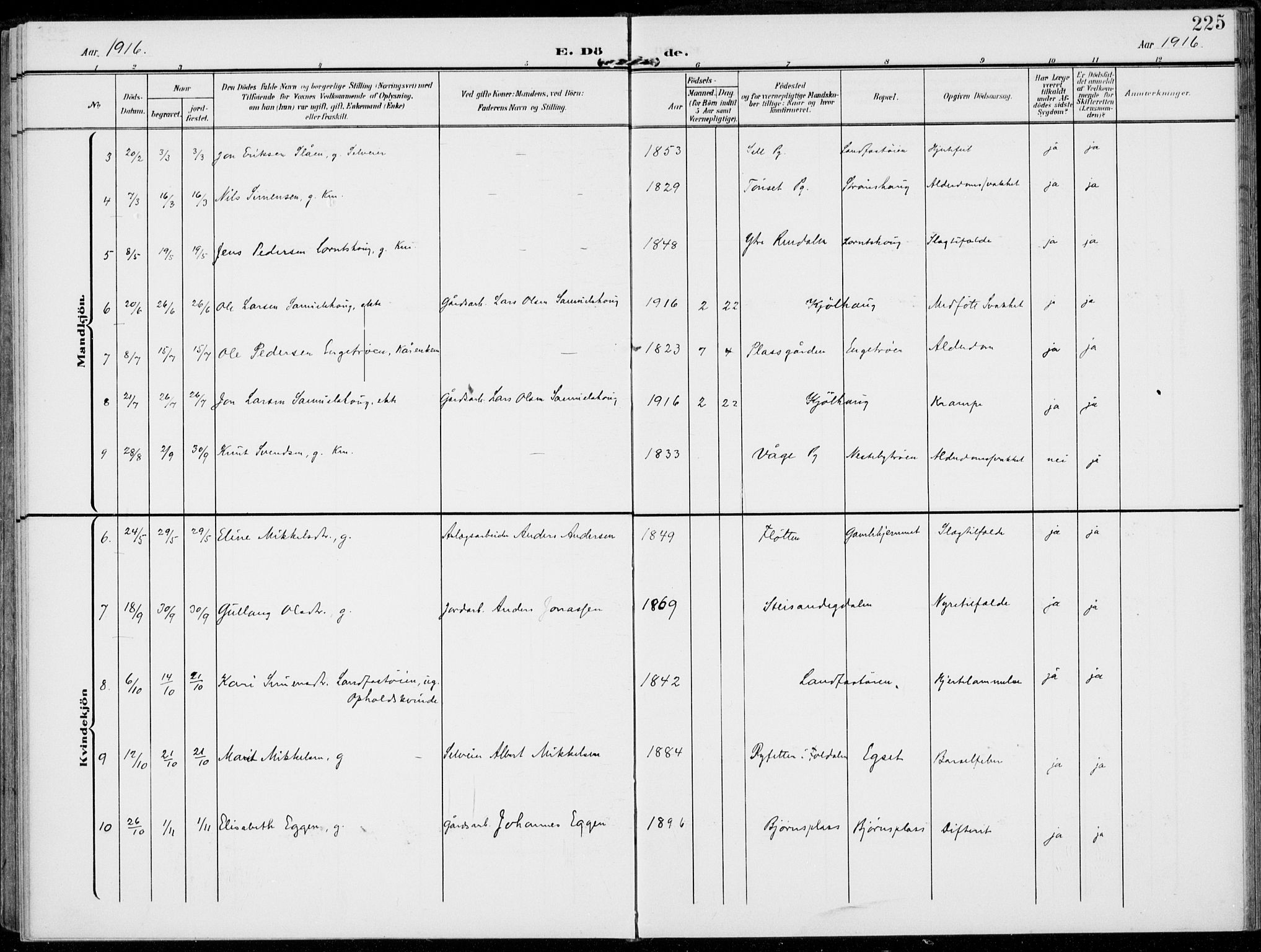 Alvdal prestekontor, SAH/PREST-060/H/Ha/Haa/L0004: Parish register (official) no. 4, 1907-1919, p. 225