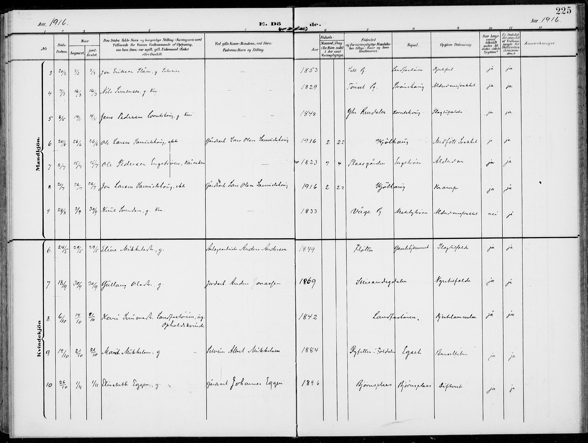 Alvdal prestekontor, AV/SAH-PREST-060/H/Ha/Haa/L0004: Parish register (official) no. 4, 1907-1919, p. 225