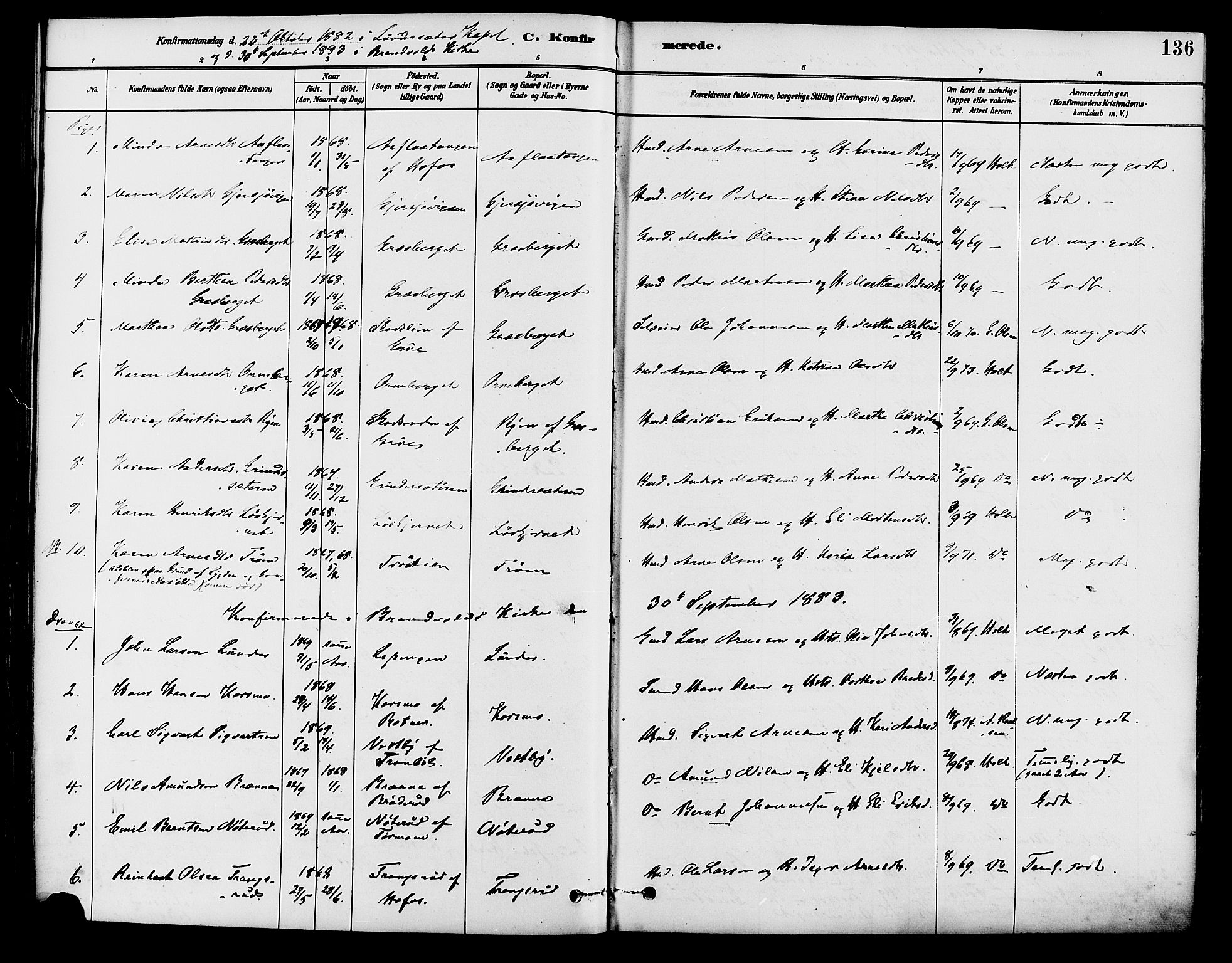 Brandval prestekontor, AV/SAH-PREST-034/H/Ha/Haa/L0002: Parish register (official) no. 2, 1880-1894, p. 136