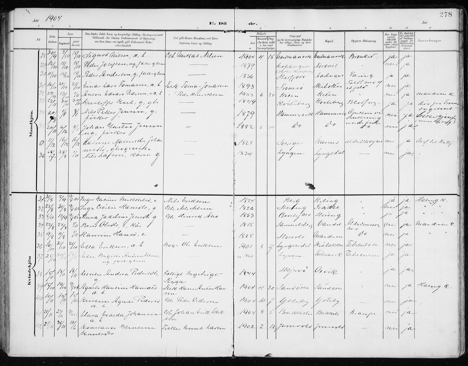 Lyngen sokneprestembete, AV/SATØ-S-1289/H/He/Hea/L0011kirke: Parish register (official) no. 11, 1903-1913, p. 278