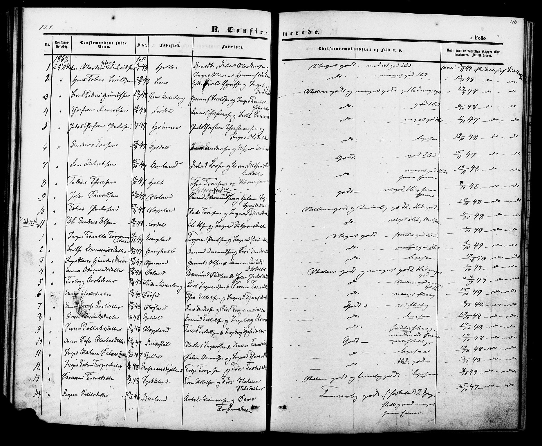 Fjotland sokneprestkontor, AV/SAK-1111-0010/F/Fa/L0001: Parish register (official) no. A 1, 1850-1879, p. 116