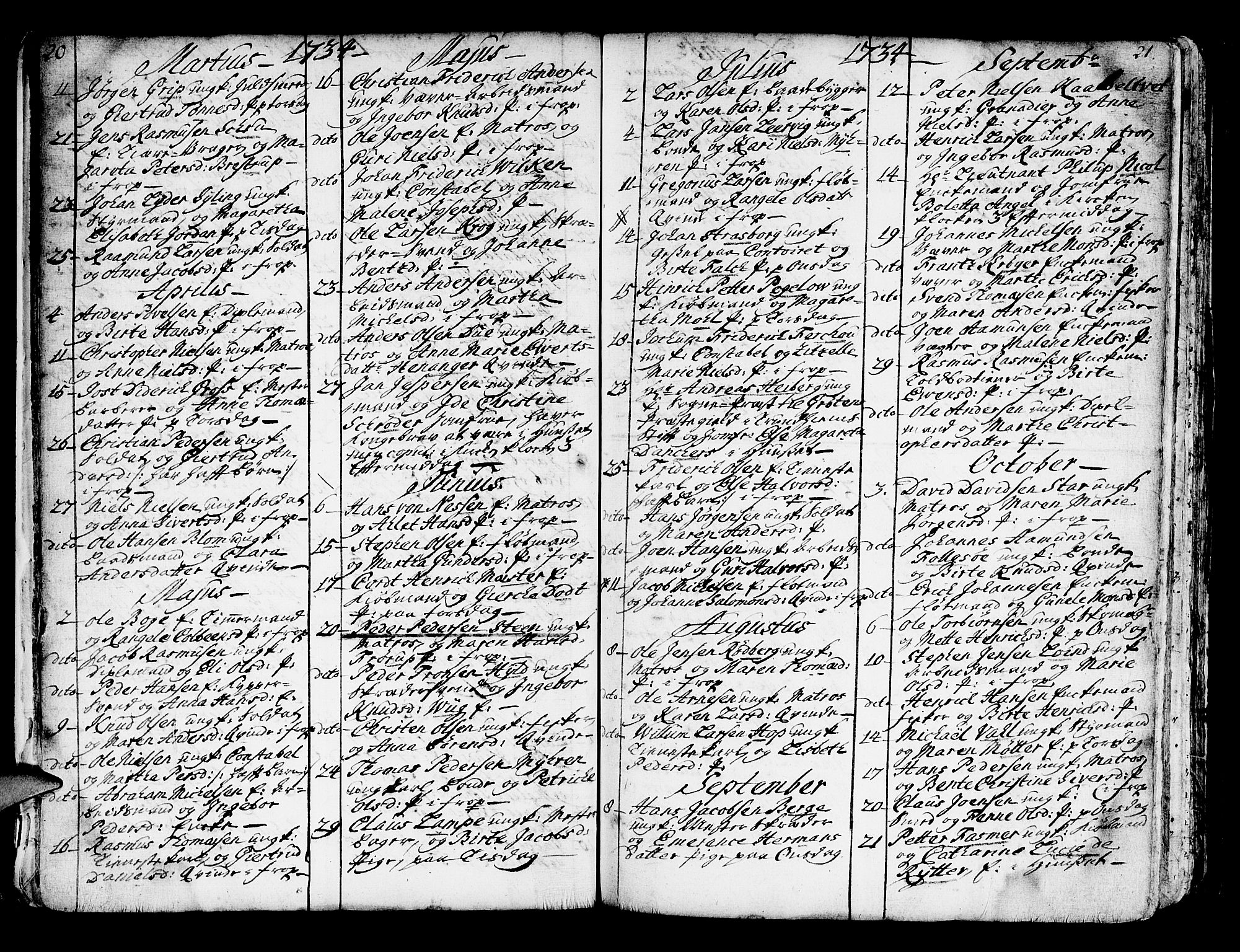 Domkirken sokneprestembete, SAB/A-74801/H/Haa/L0007: Parish register (official) no. A 7, 1725-1826, p. 20-21